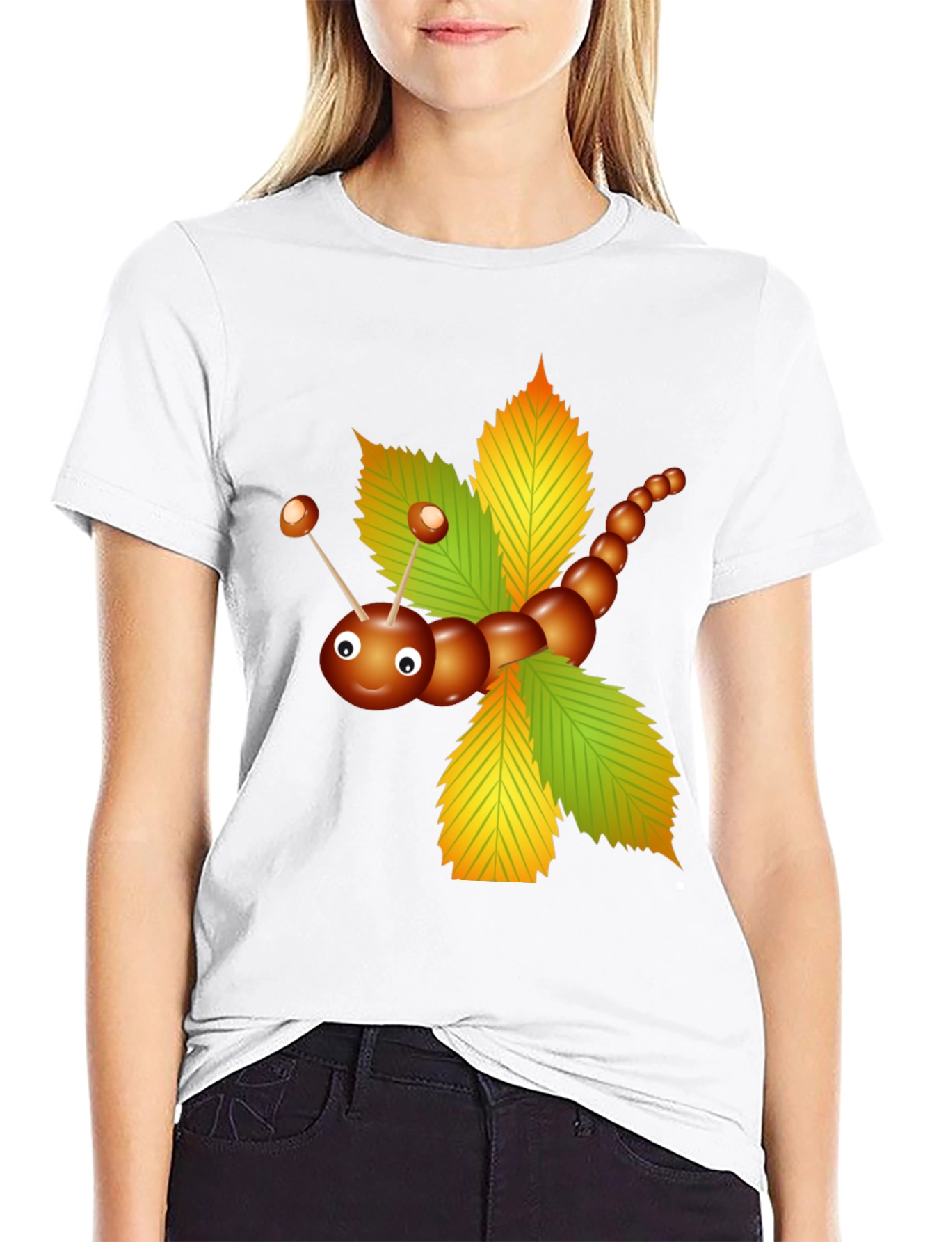 Cute Chestnut Caterpillar on Leaves Graphic T-Shirt