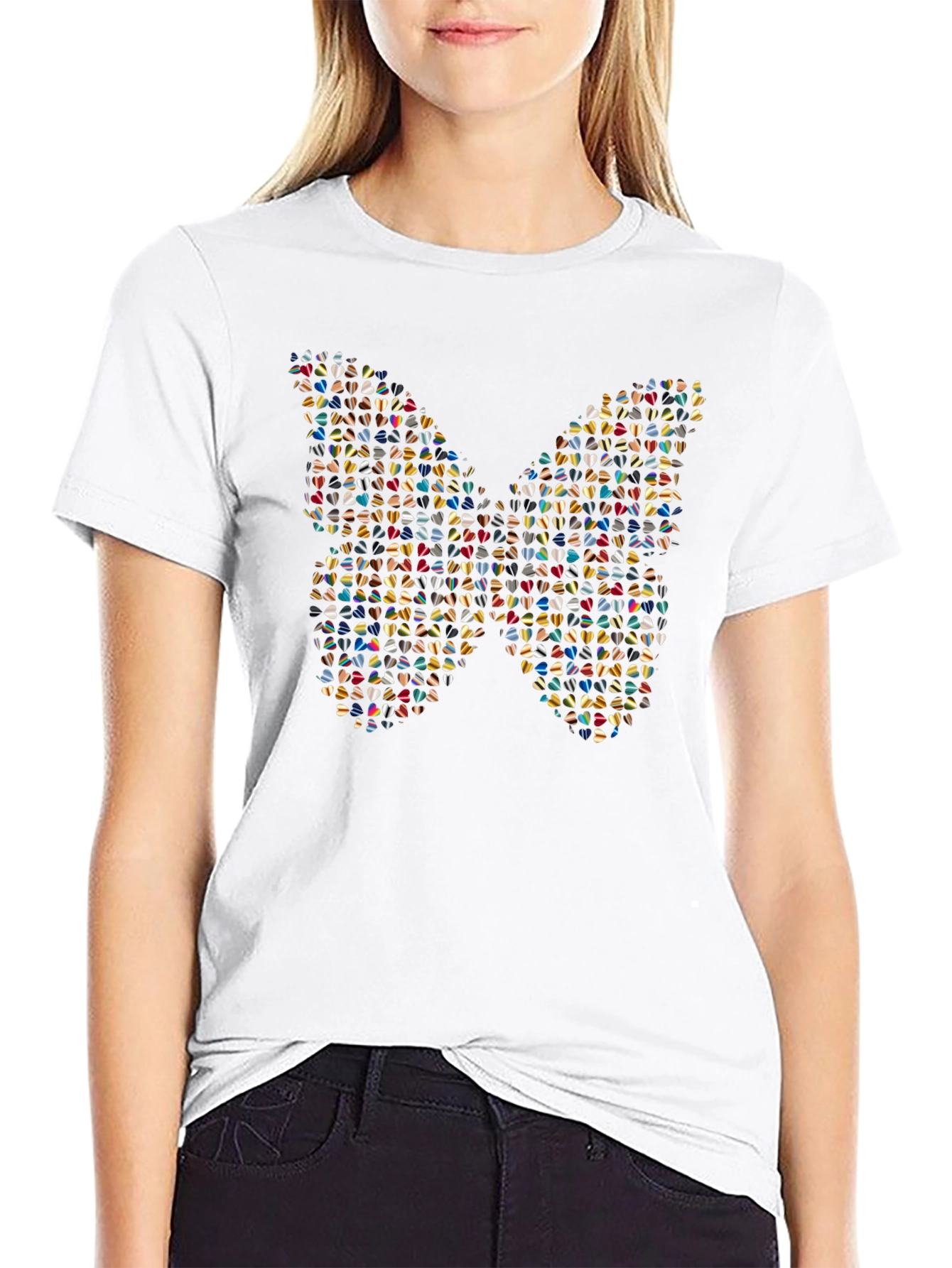 Butterfly Heart Pattern Black T-Shirt