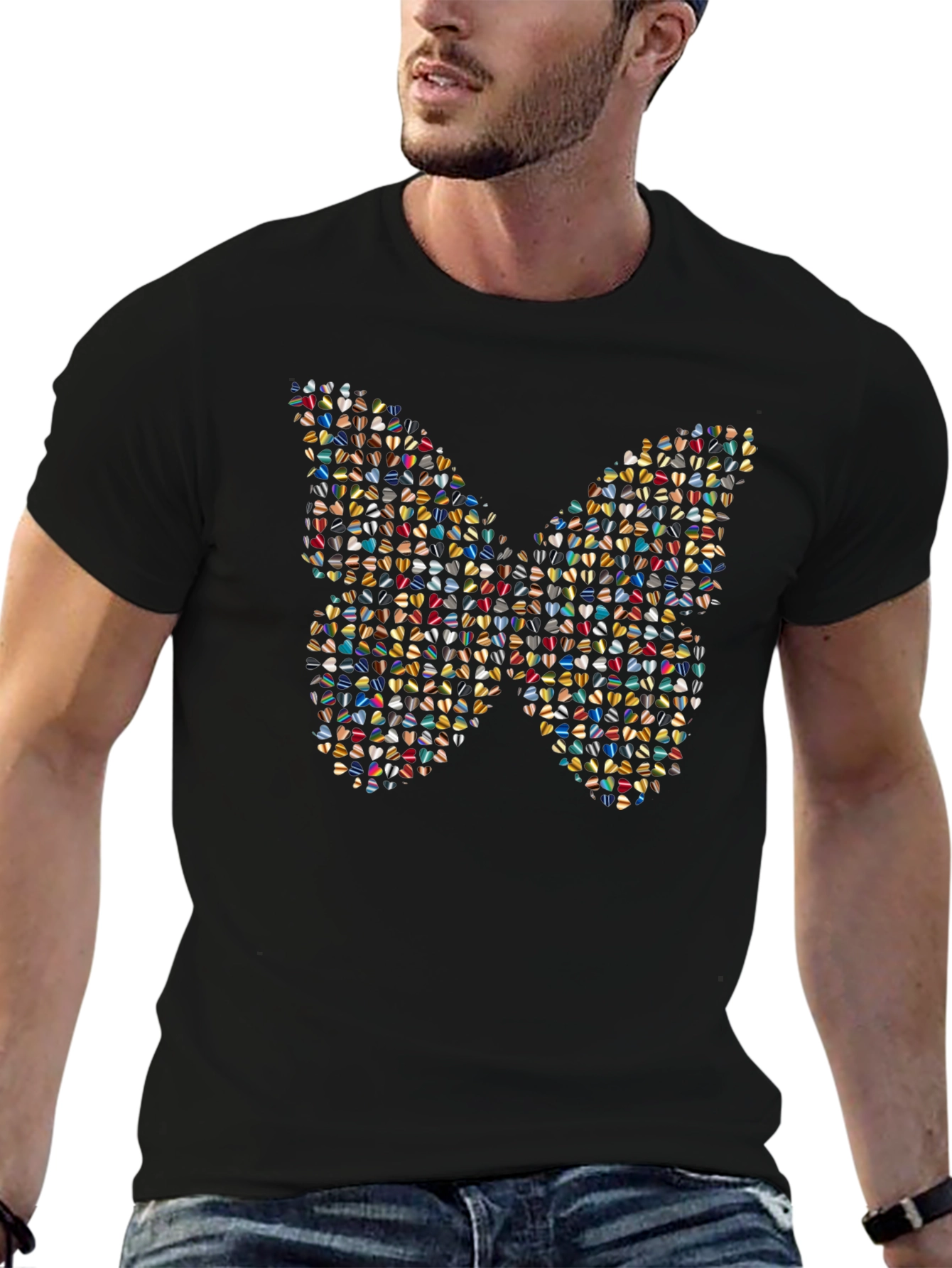 Butterfly Heart Pattern Black T-Shirt