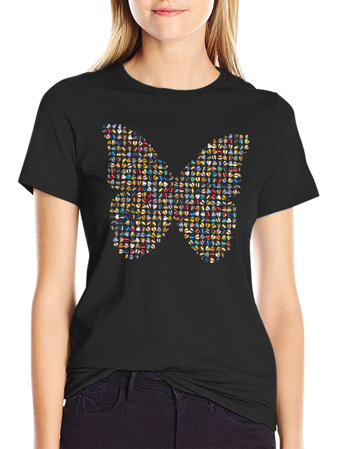 Butterfly Heart Pattern Black T-Shirt