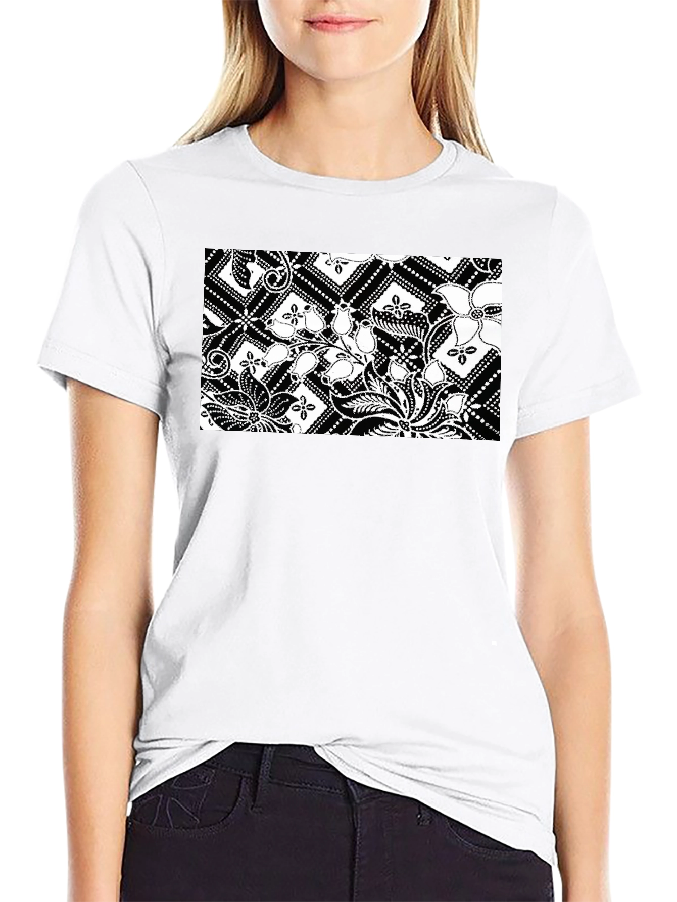 Black Tee with Floral Batik Print