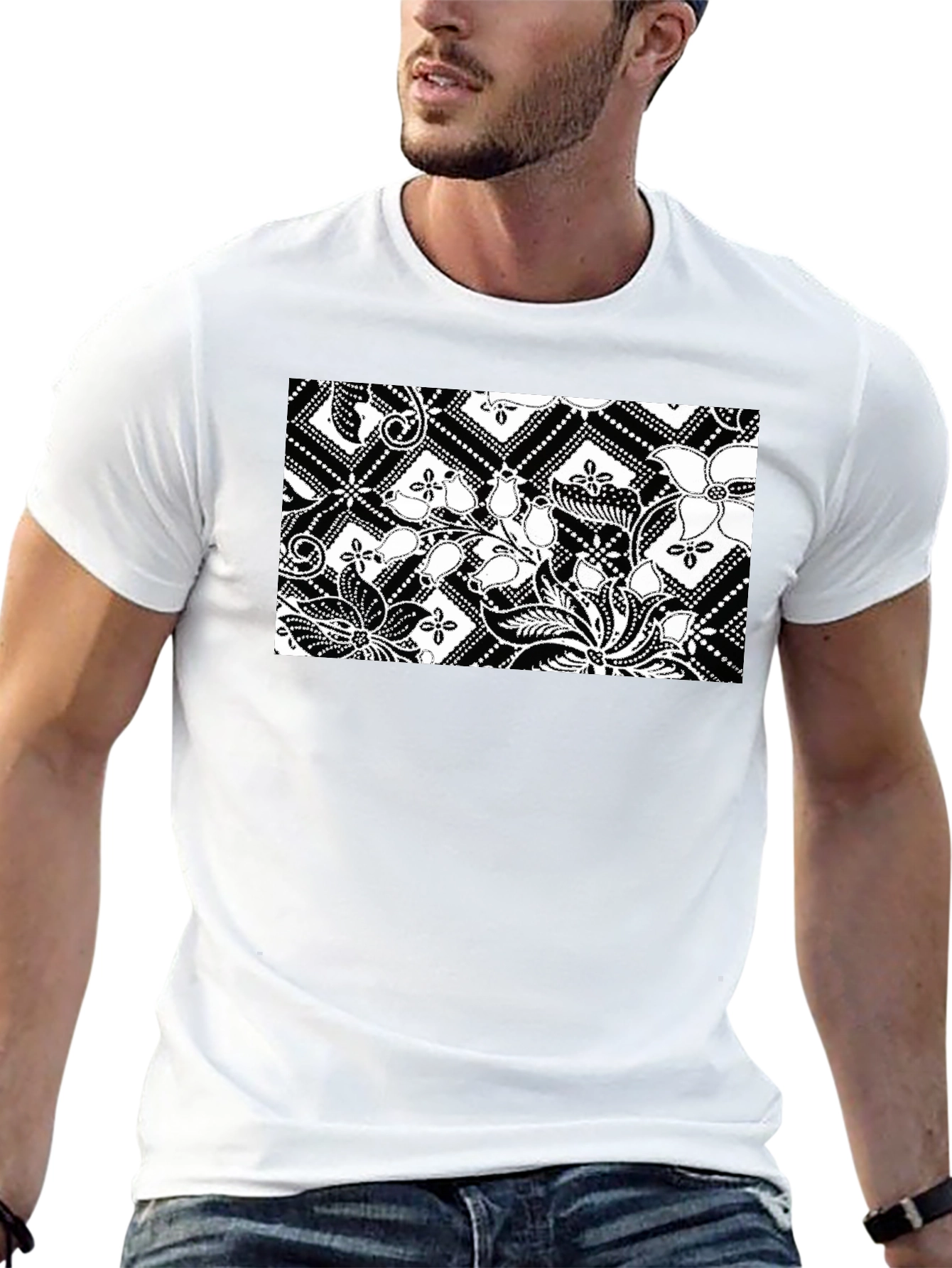 Black Tee with Floral Batik Print