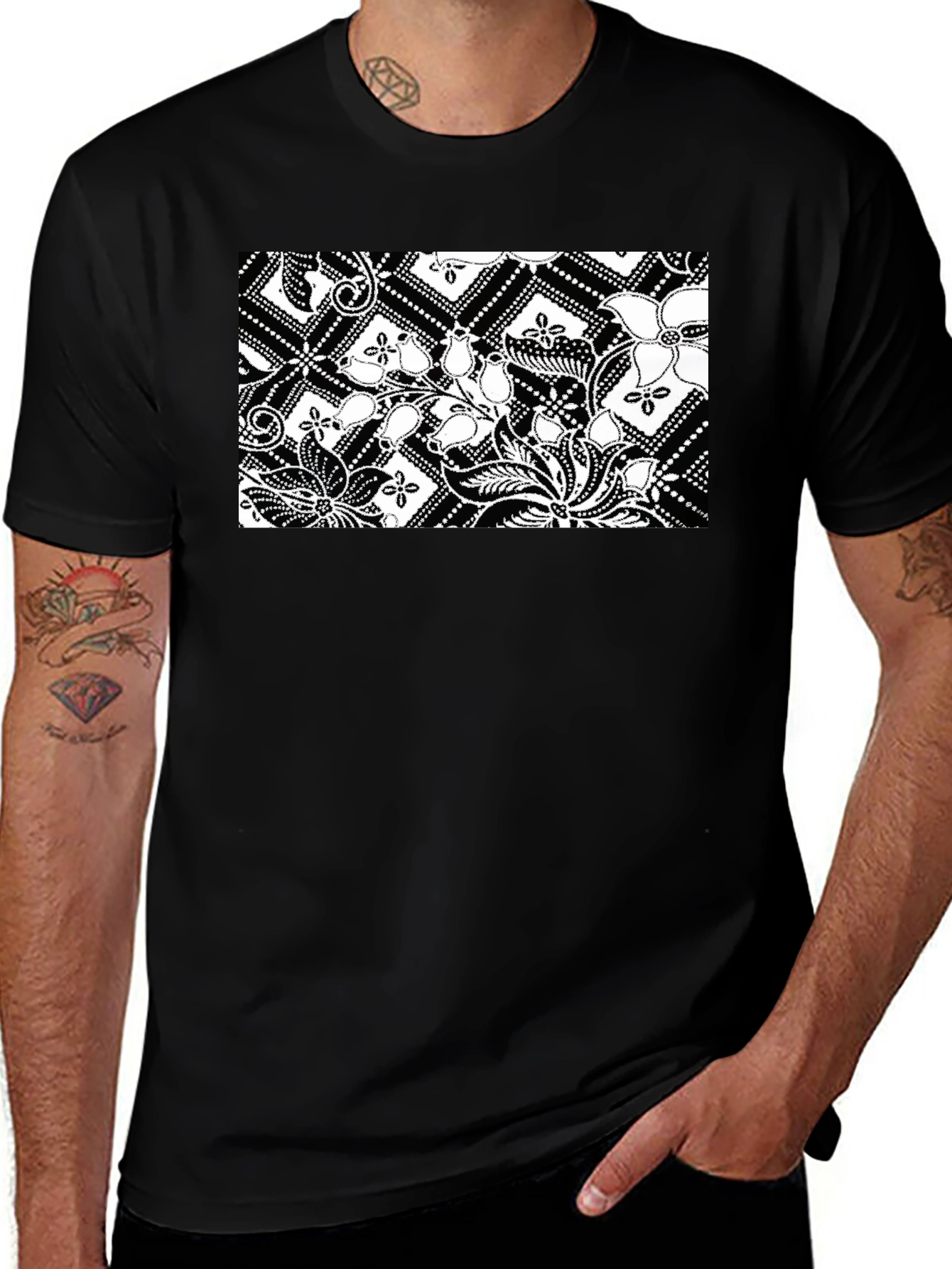 Black Tee with Floral Batik Print