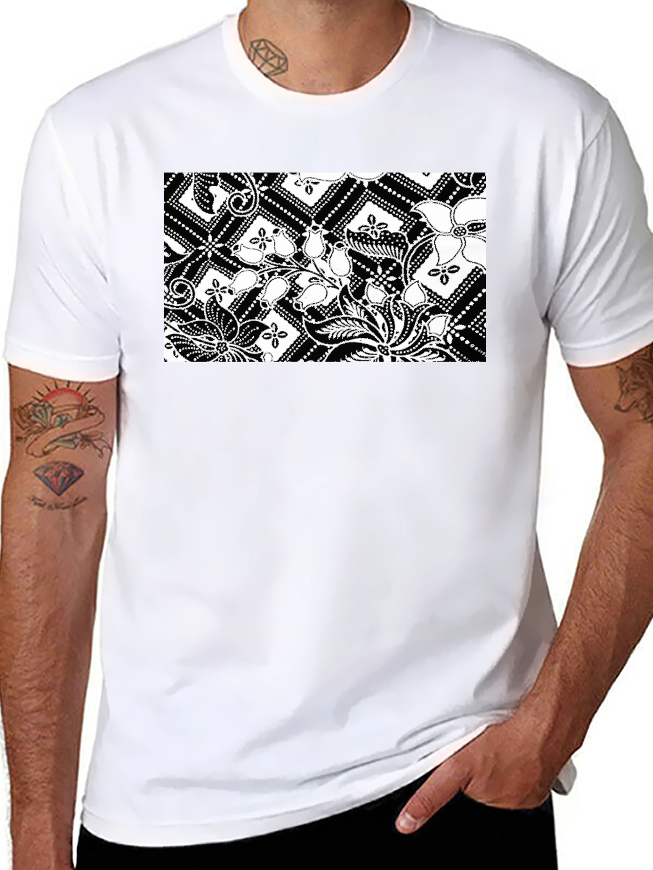 Black Tee with Floral Batik Print