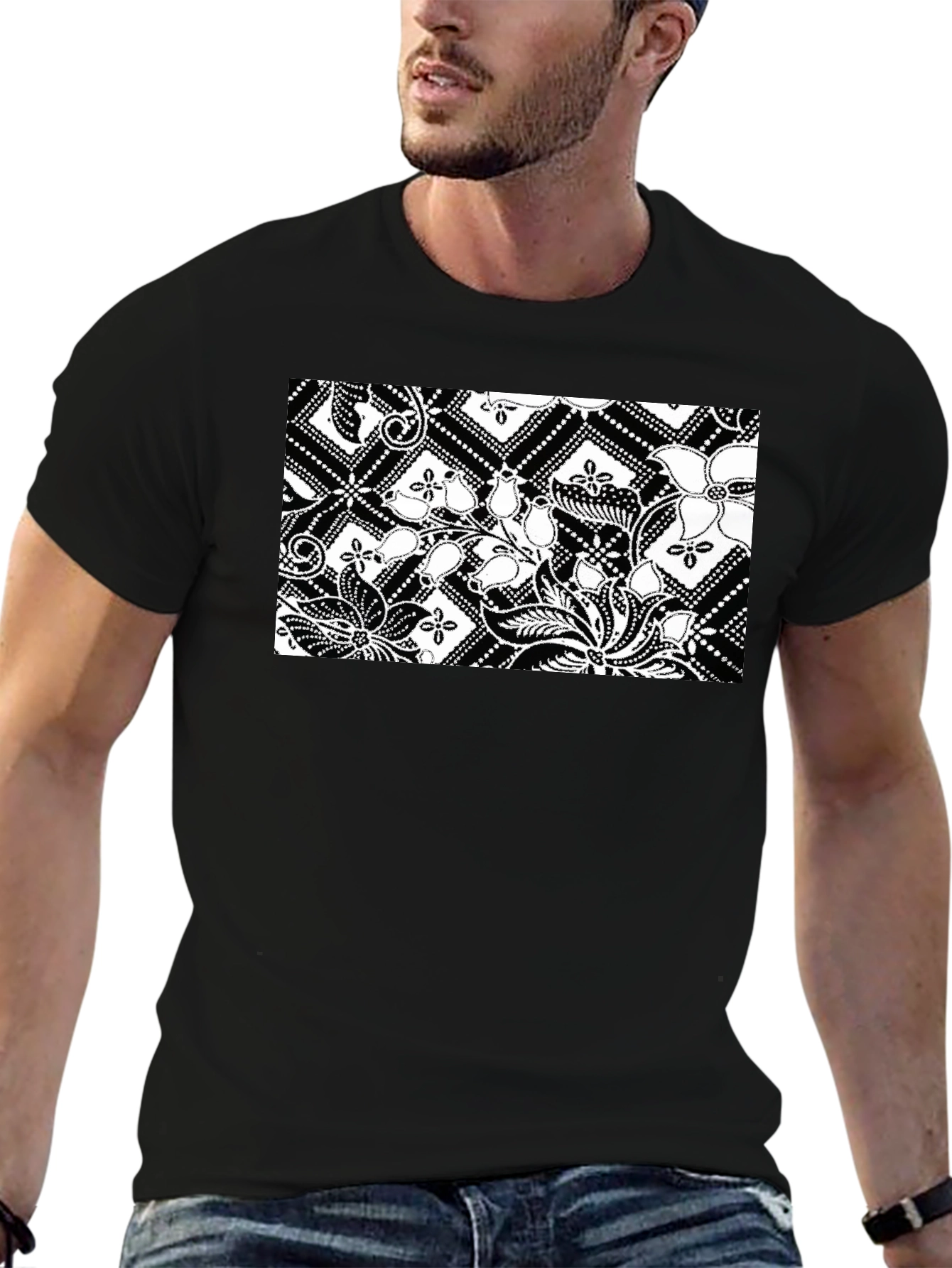 Black Tee with Floral Batik Print