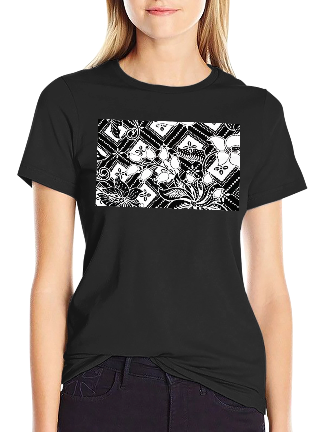 Black Tee with Floral Batik Print