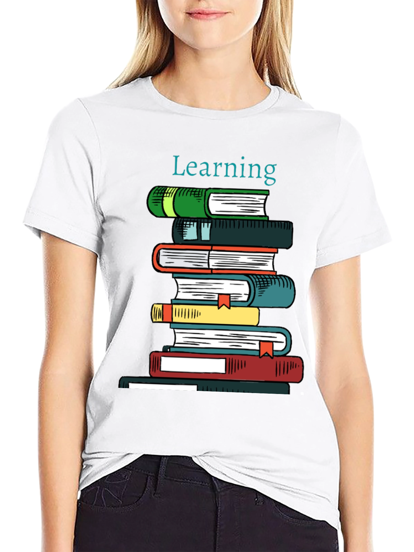 Learning Books Stack Graphic Tee - Black Cotton T-Shirt