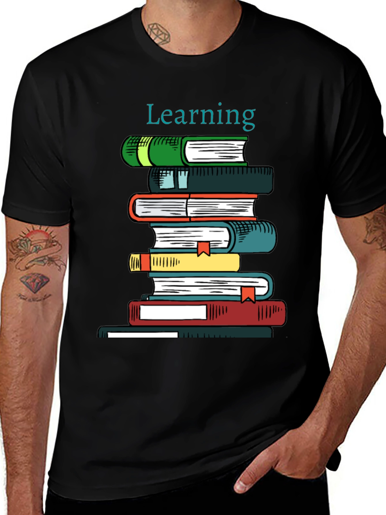 Learning Books Stack Graphic Tee - Black Cotton T-Shirt