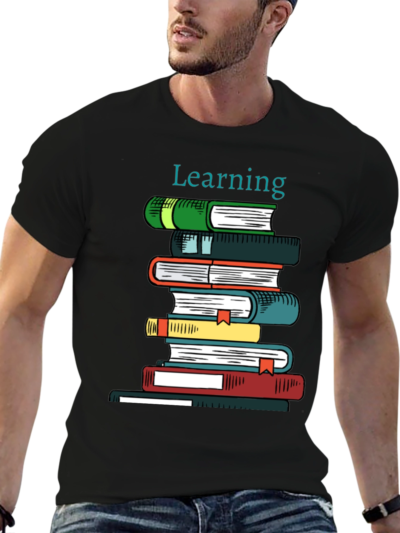 Learning Books Stack Graphic Tee - Black Cotton T-Shirt