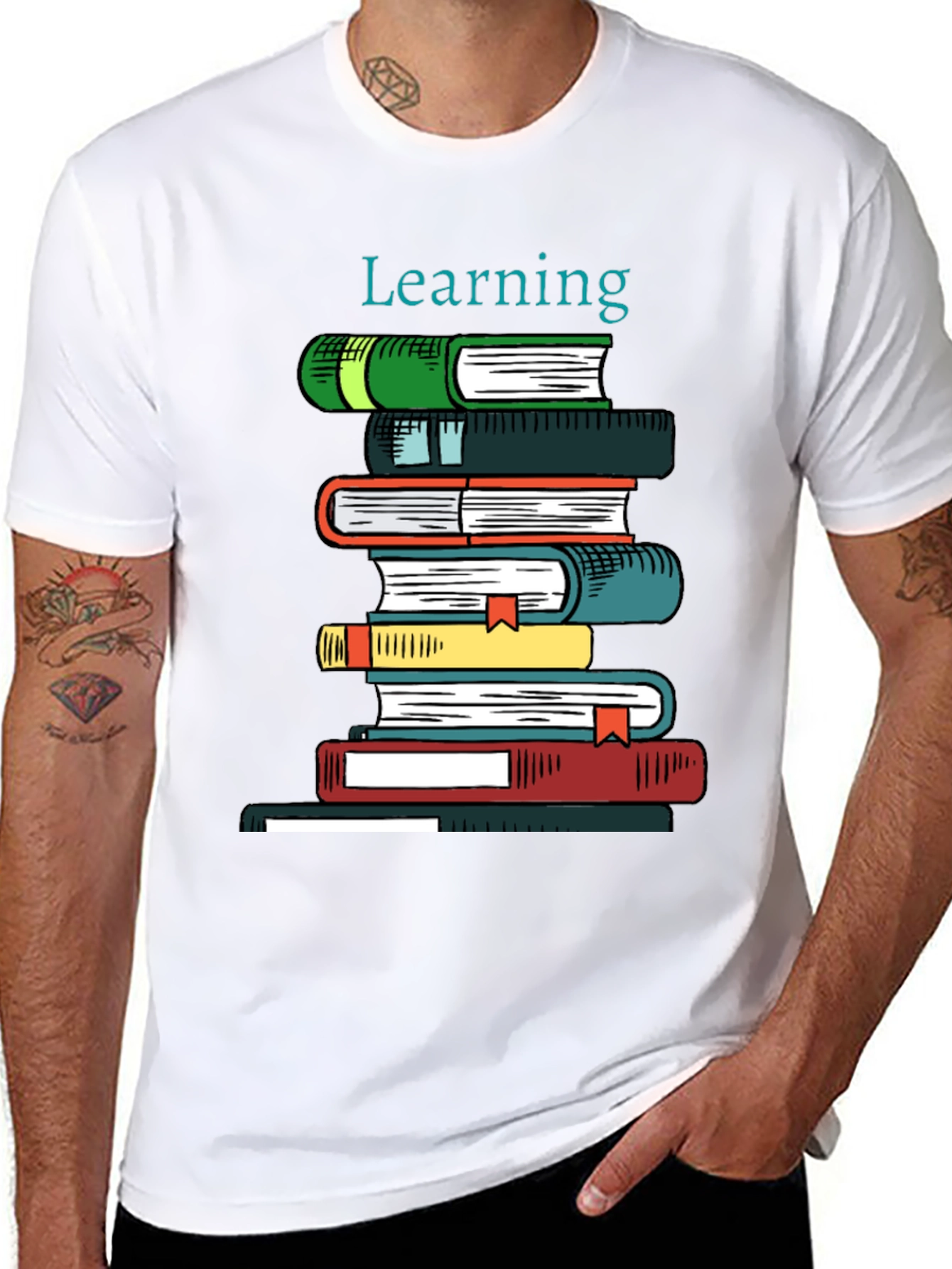 Learning Books Stack Graphic Tee - Black Cotton T-Shirt
