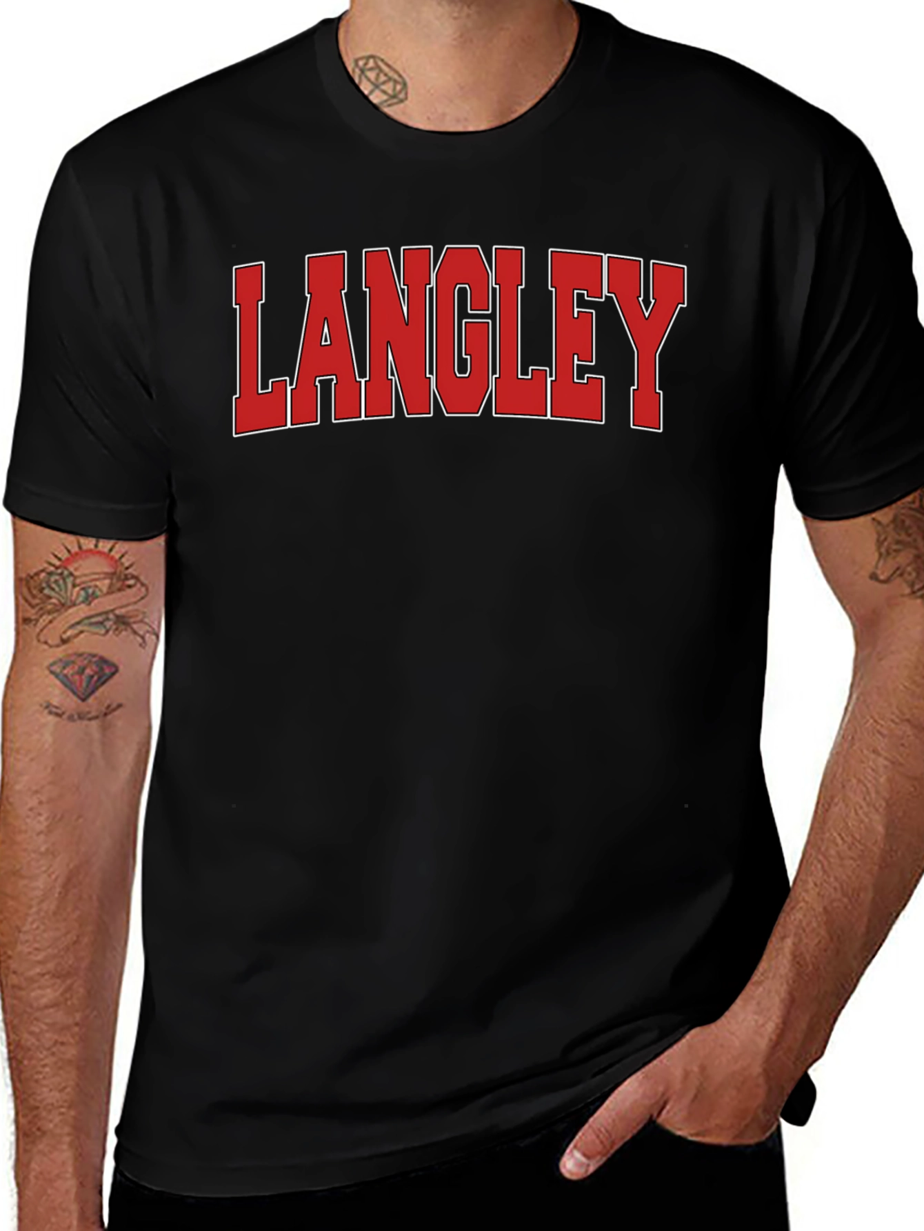 Langley T-Shirt: Red & White Varsity Lettering on Black