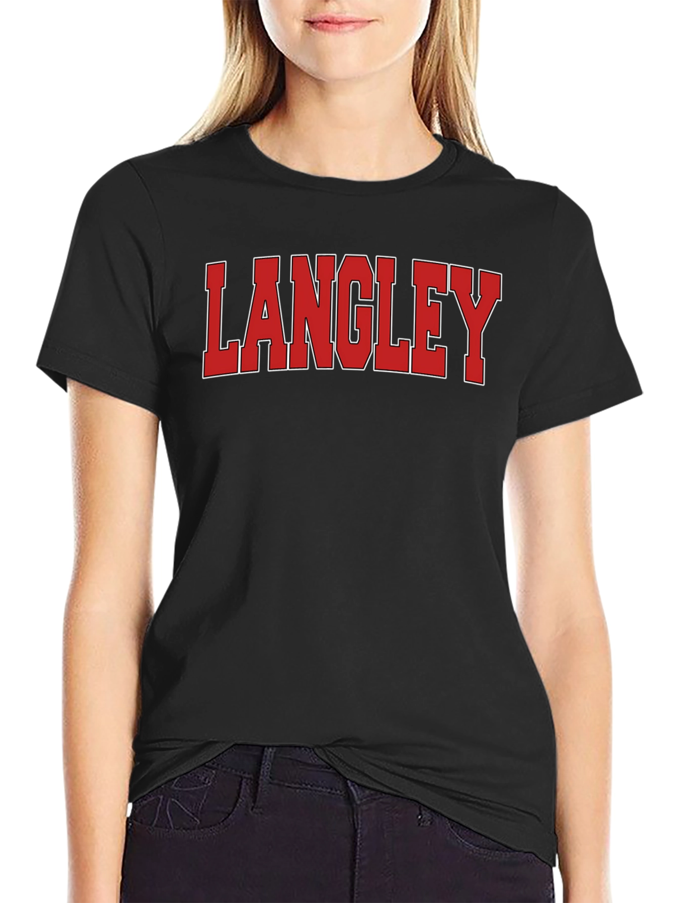 Langley T-Shirt: Red & White Varsity Lettering on Black