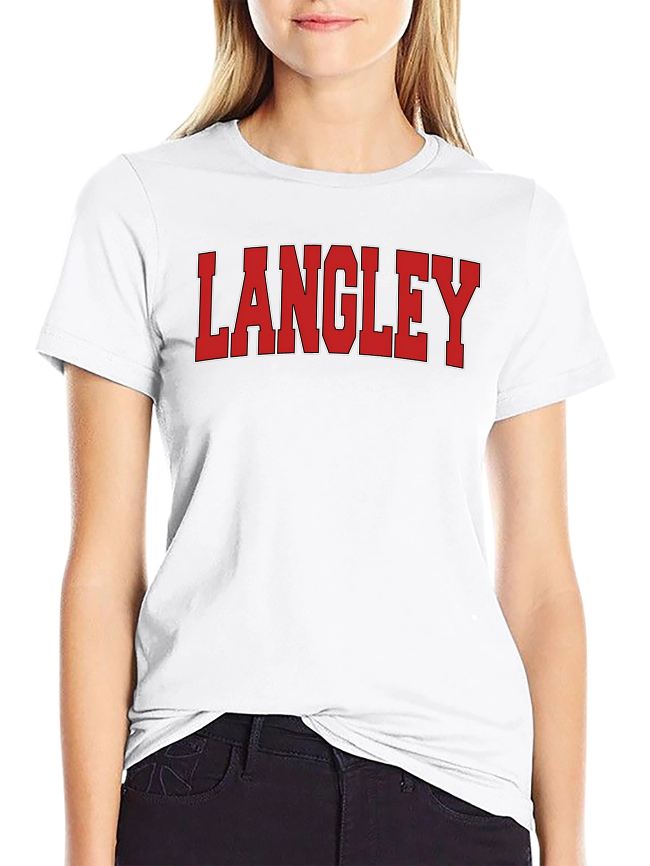 Langley T-Shirt: Red & White Varsity Lettering on Black