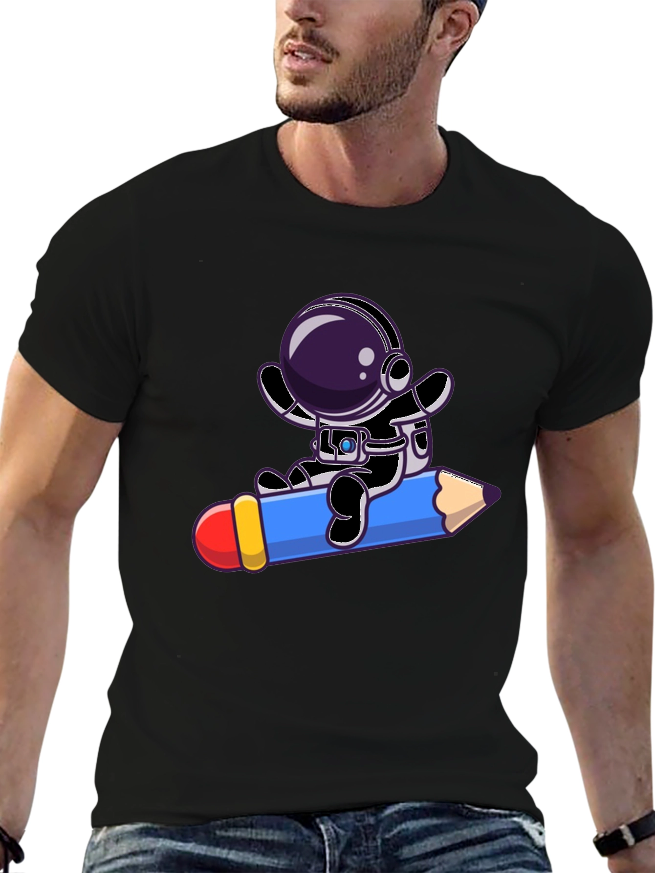 Astronaut Riding Pencil Graphic Tee - Black