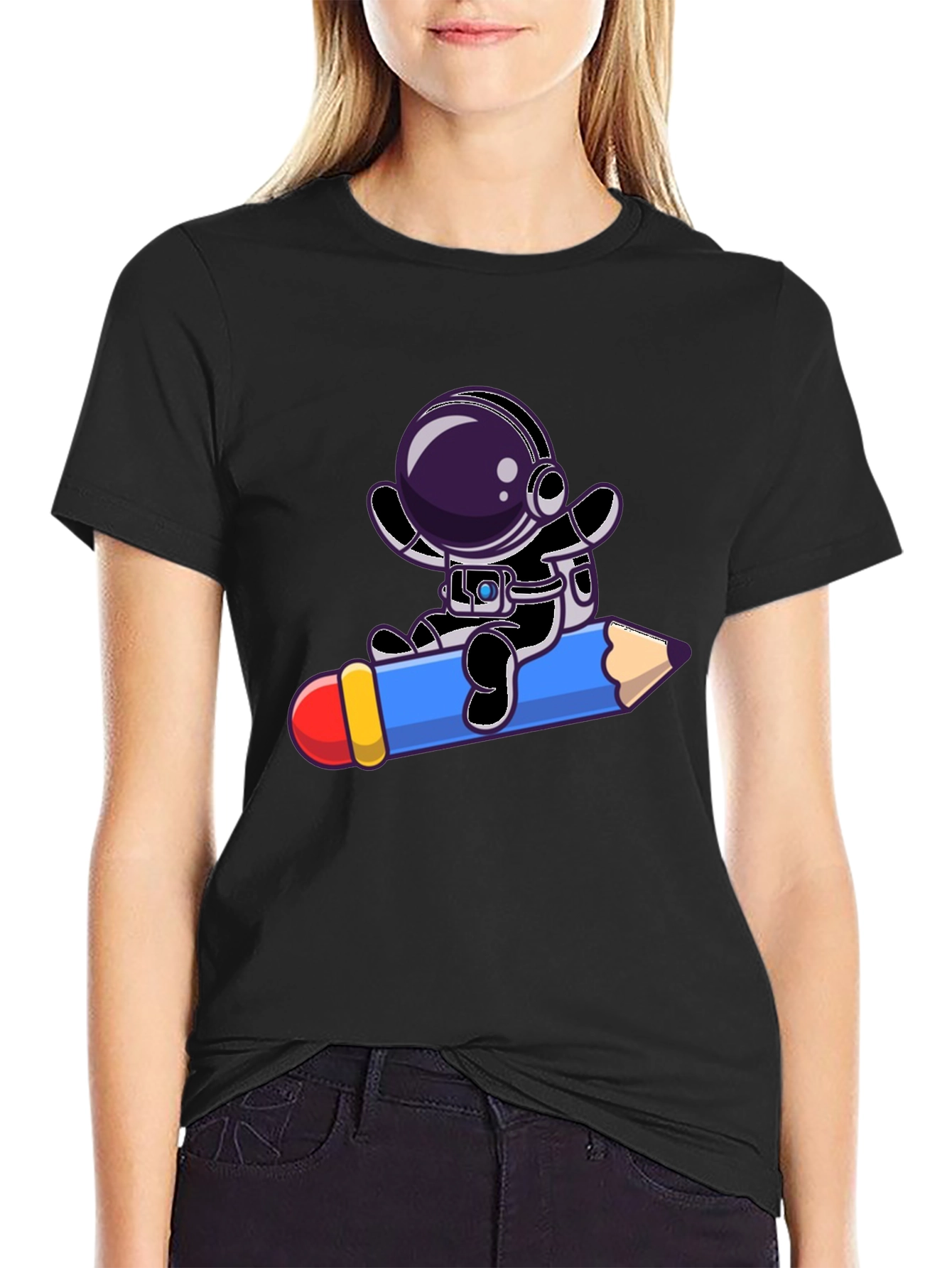 Astronaut Riding Pencil Graphic Tee - Black