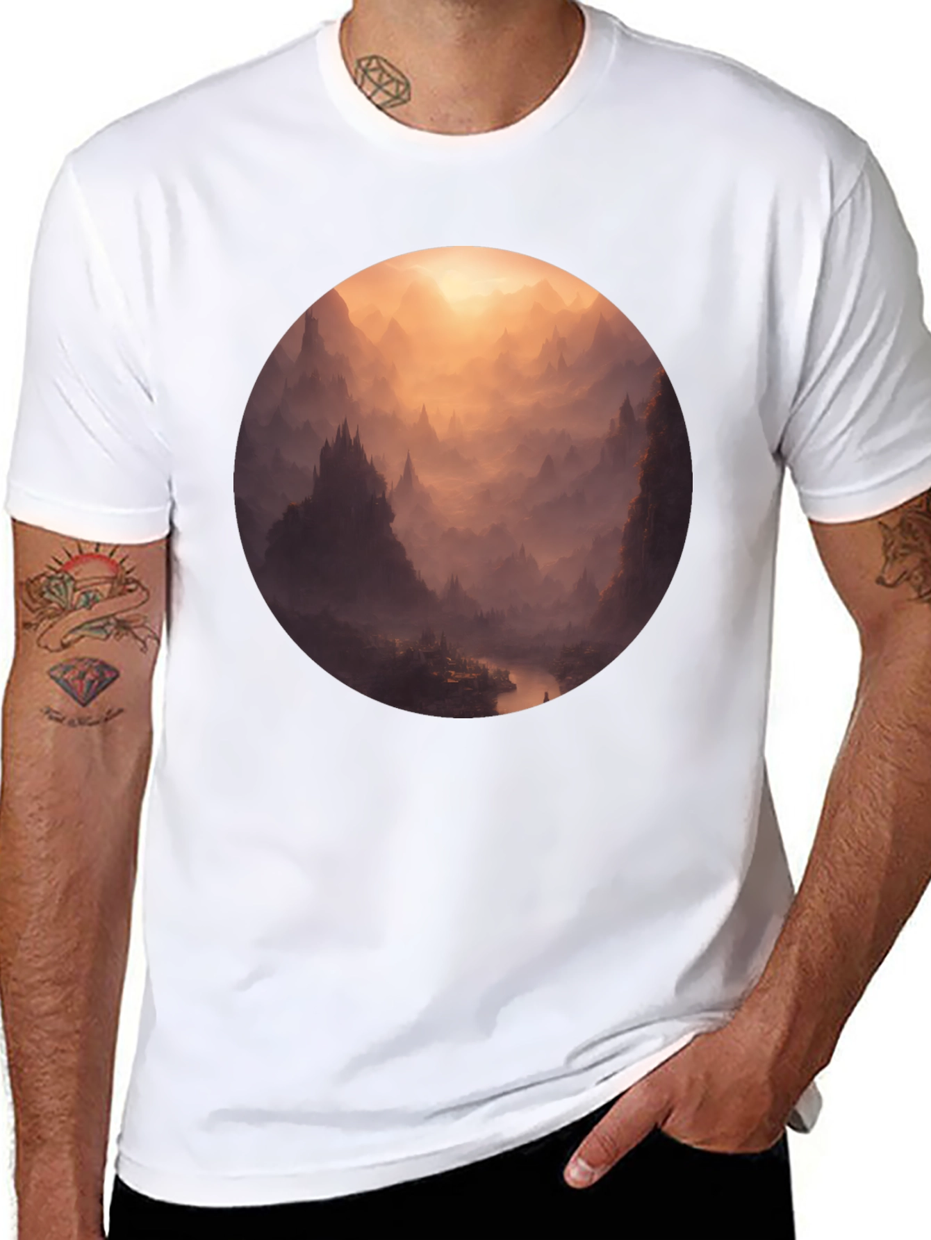 Mystical Mountain Vista Graphic Tee - Soft Black Cotton