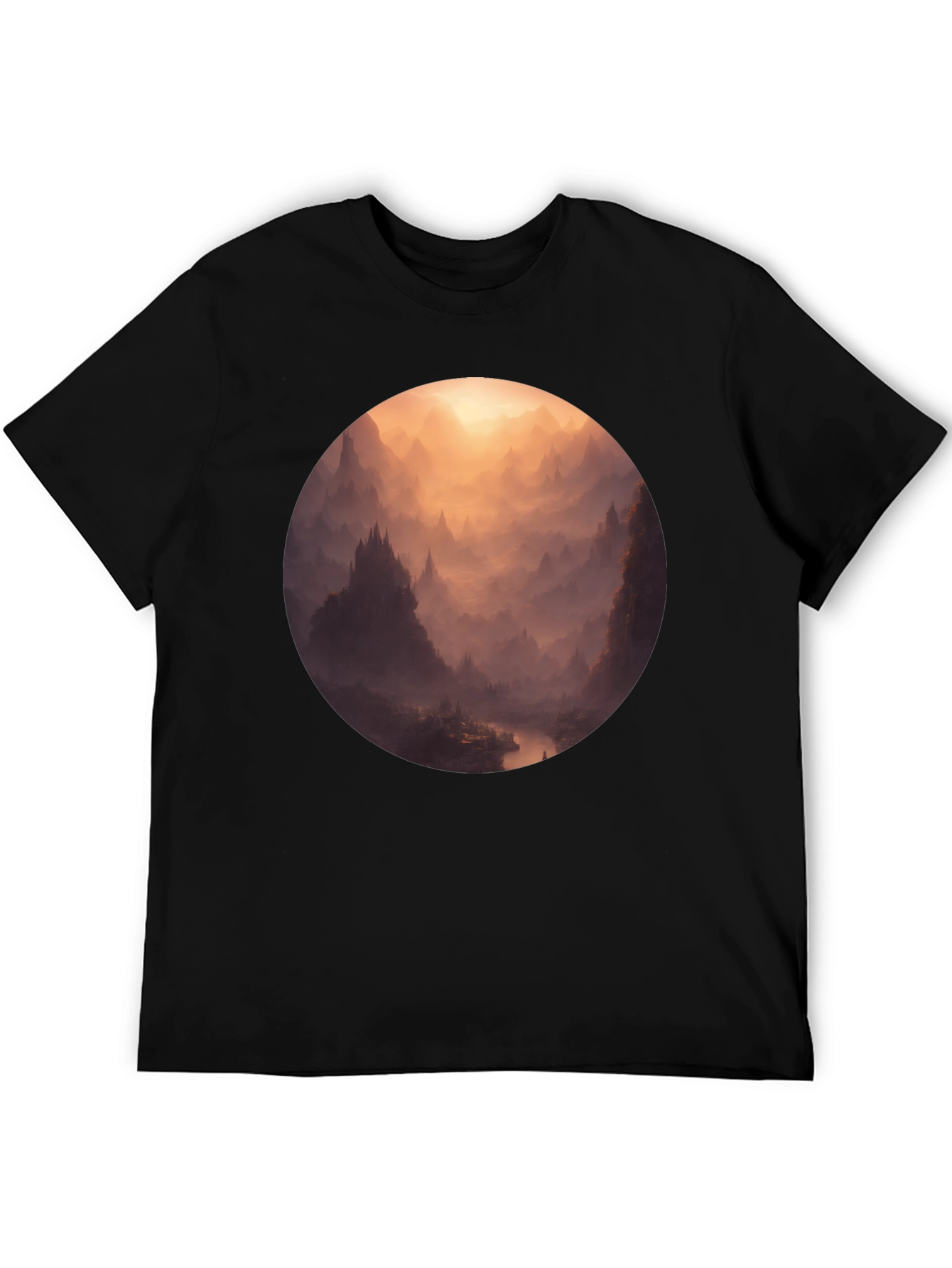 Mystical Mountain Vista Graphic Tee - Soft Black Cotton