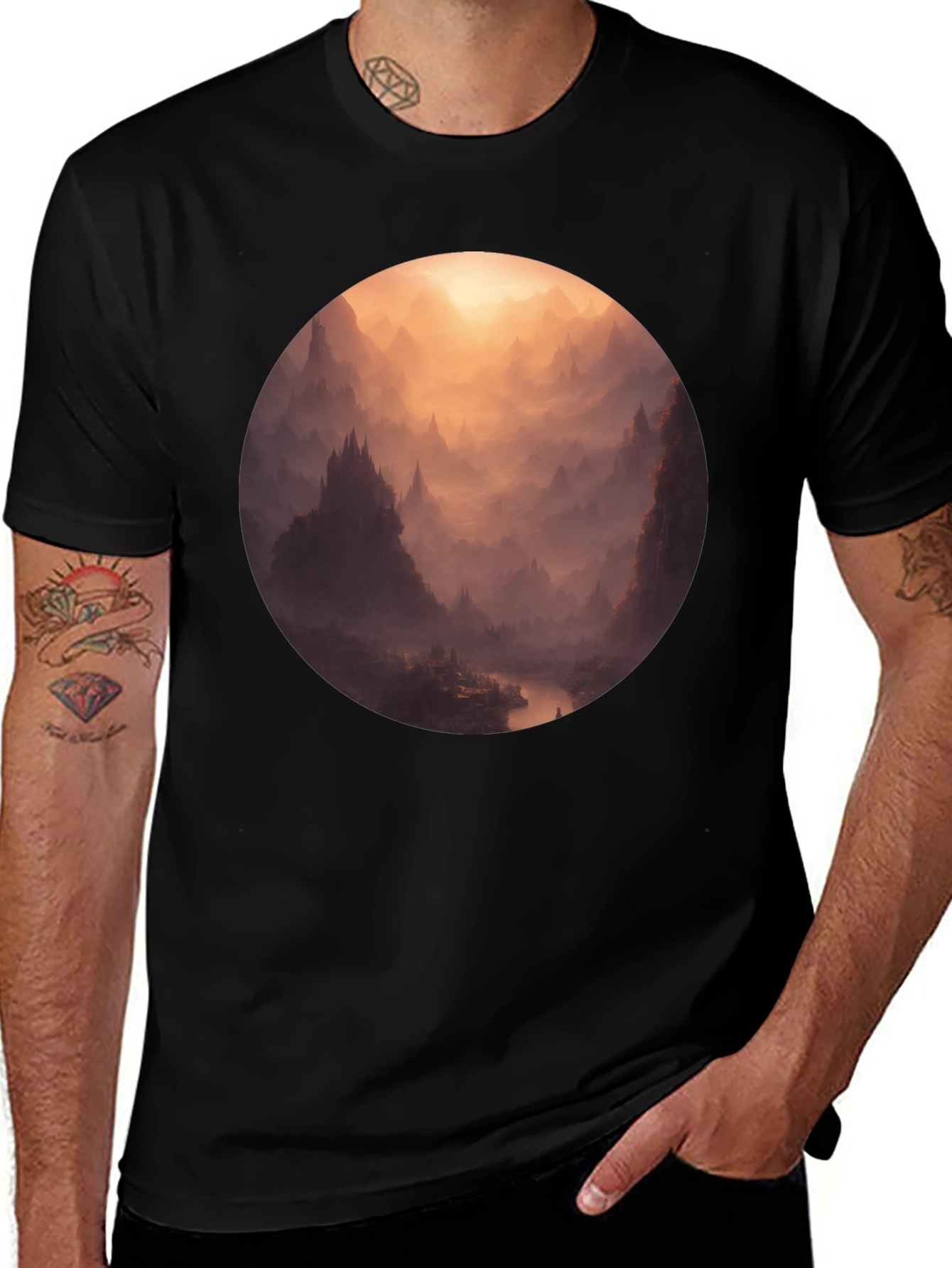 Mystical Mountain Vista Graphic Tee - Soft Black Cotton