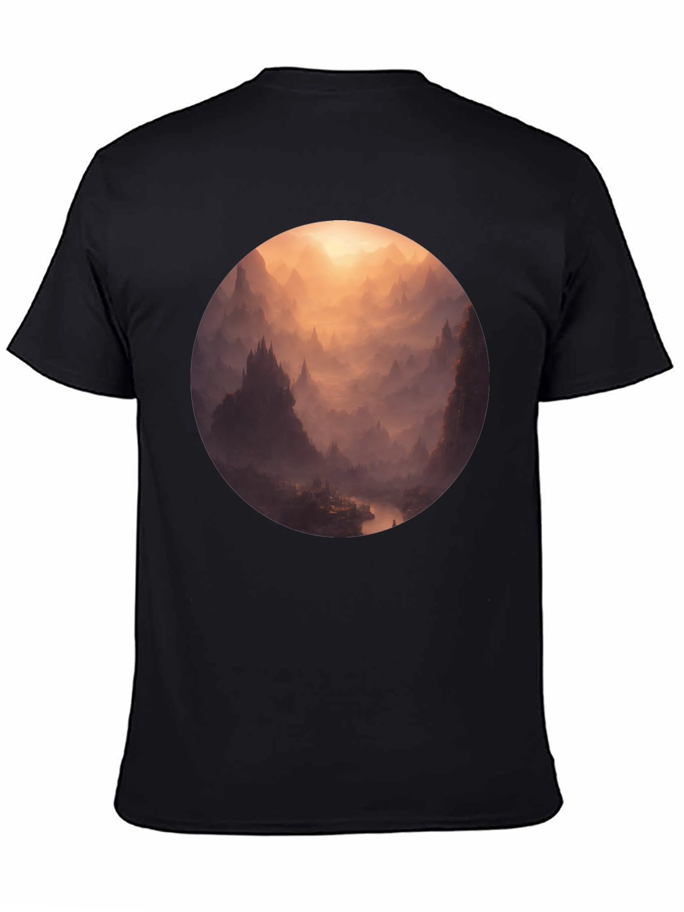 Mystical Mountain Vista Graphic Tee - Soft Black Cotton