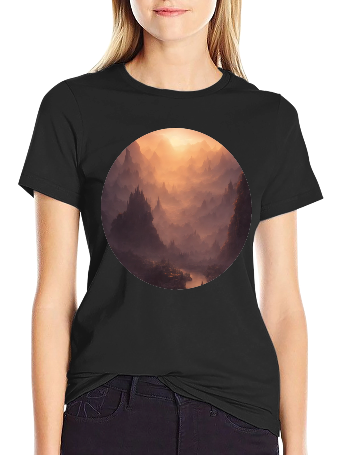 Mystical Mountain Vista Graphic Tee - Soft Black Cotton