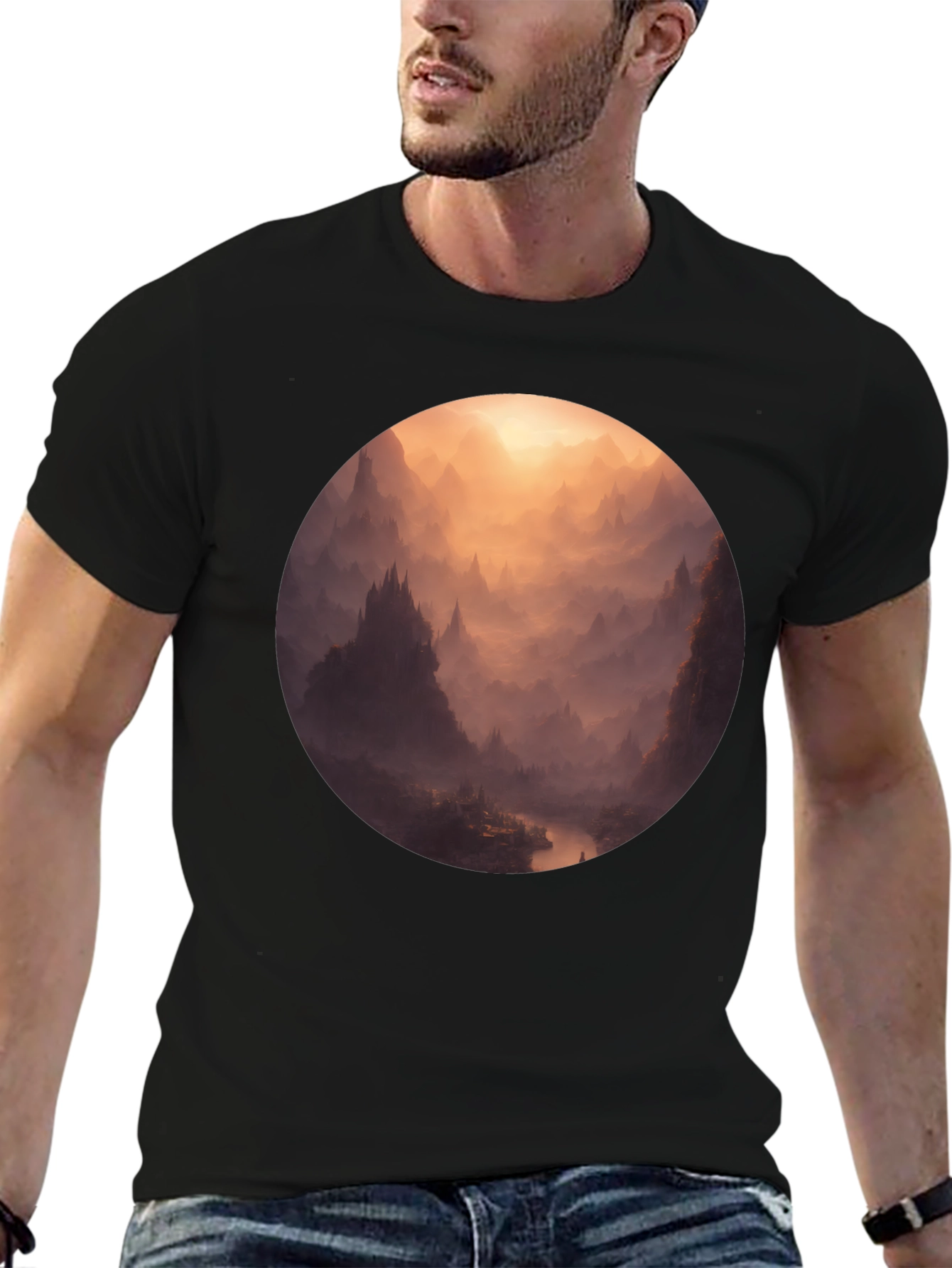Mystical Mountain Vista Graphic Tee - Soft Black Cotton