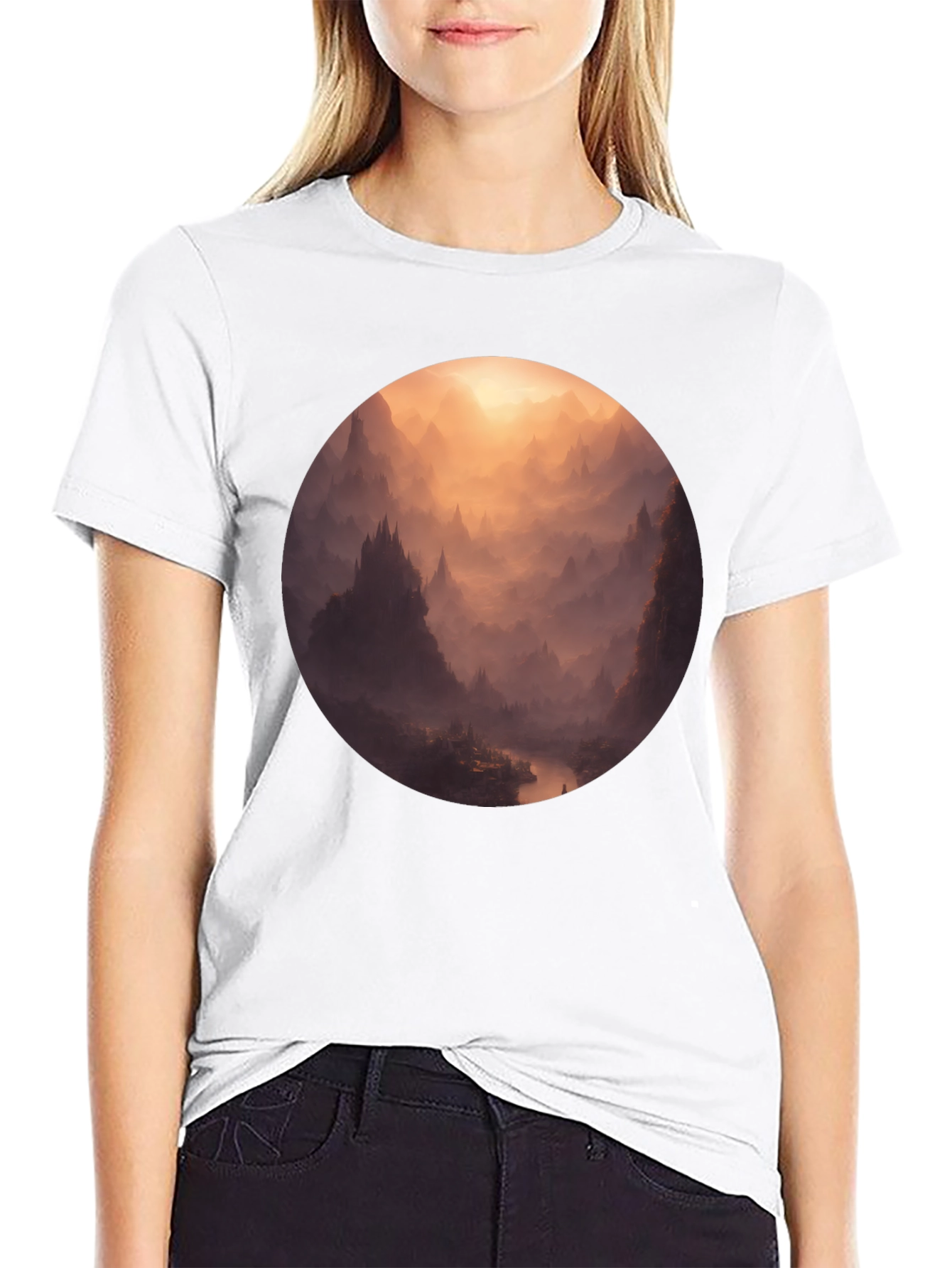 Mystical Mountain Vista Graphic Tee - Soft Black Cotton