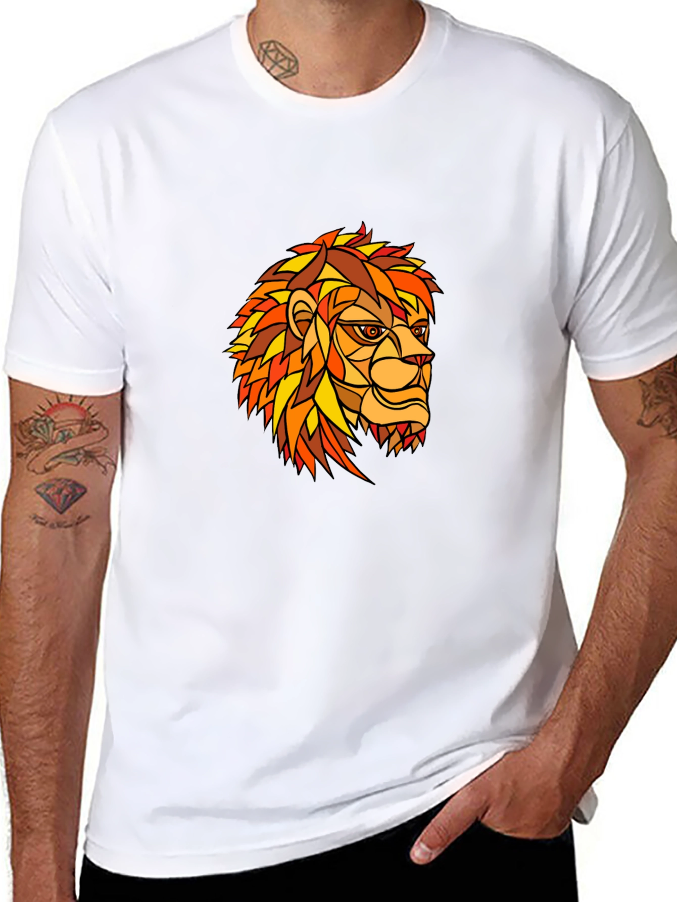 Geometric Lion Graphic Print Black T-Shirt