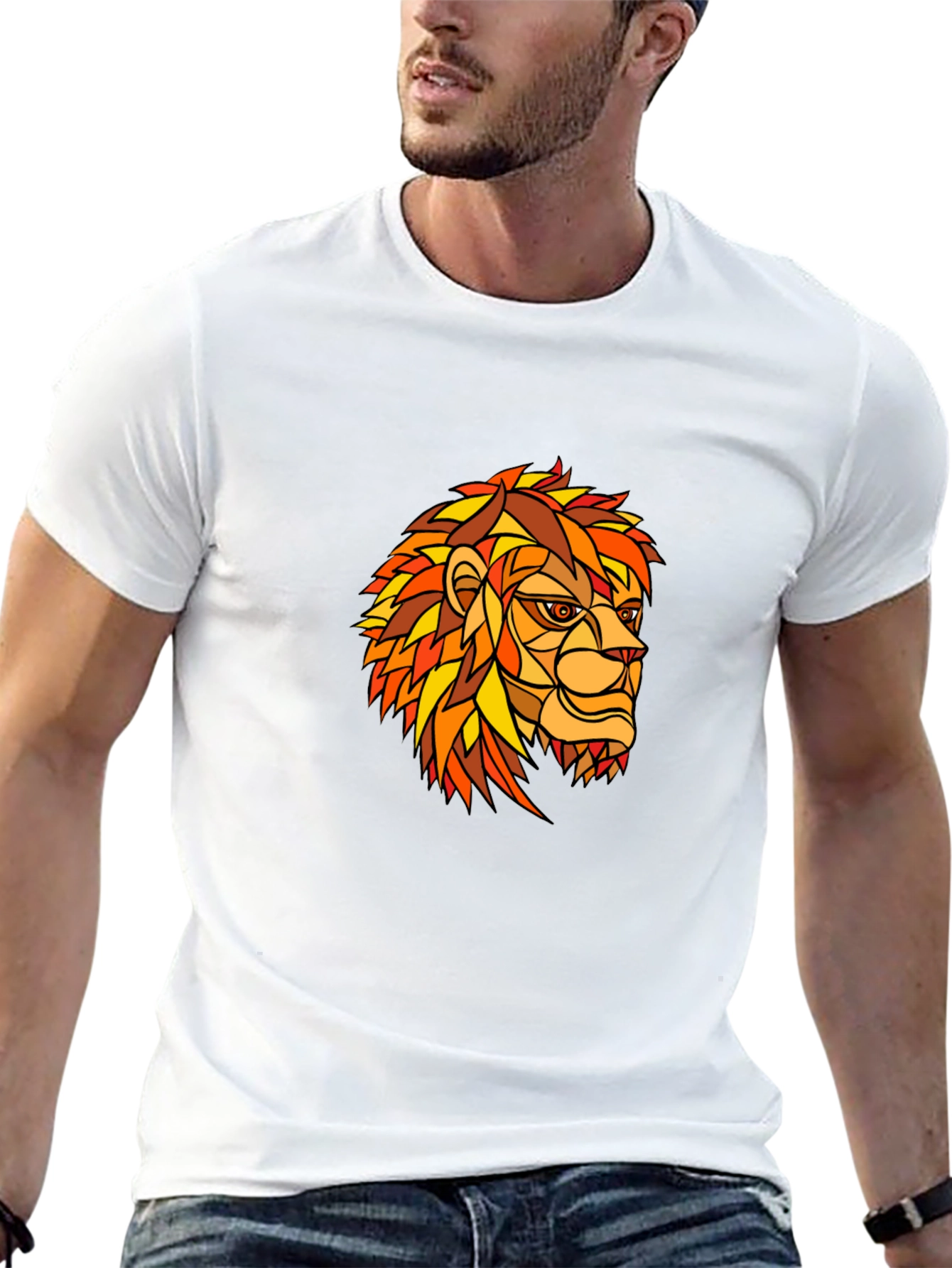 Geometric Lion Graphic Print Black T-Shirt