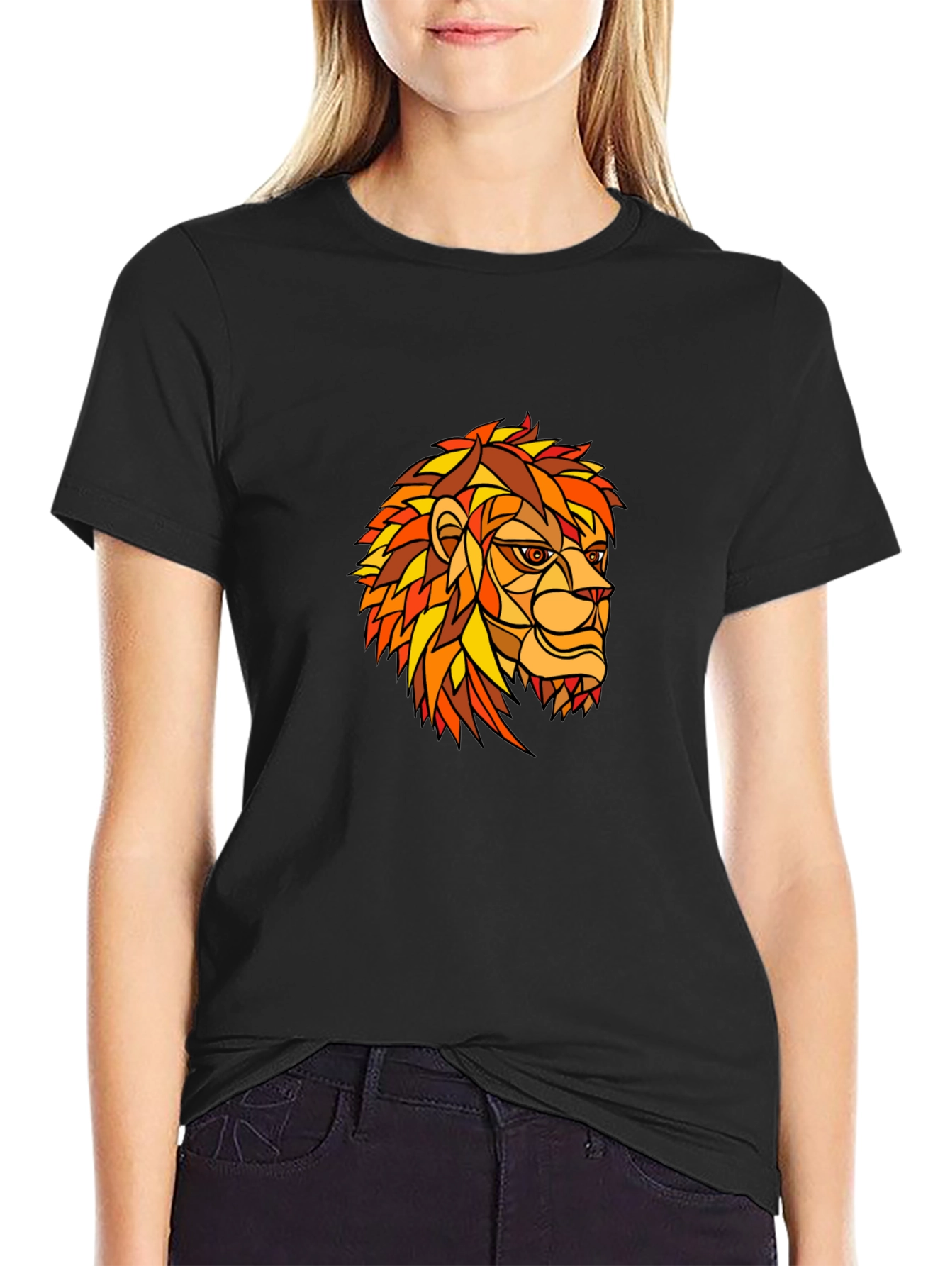 Geometric Lion Graphic Print Black T-Shirt