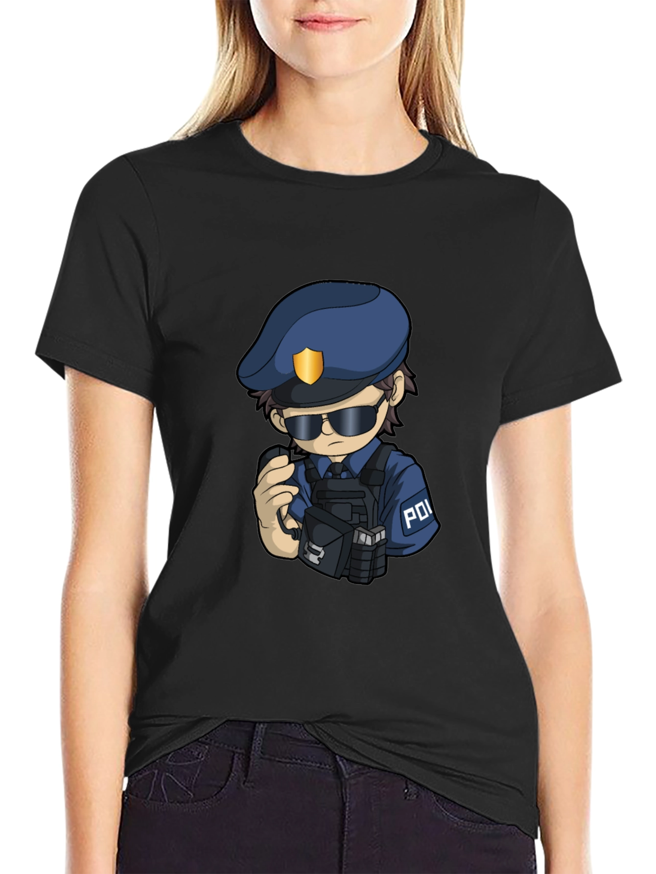 Police Cartoon Character Graphic Tee - Black