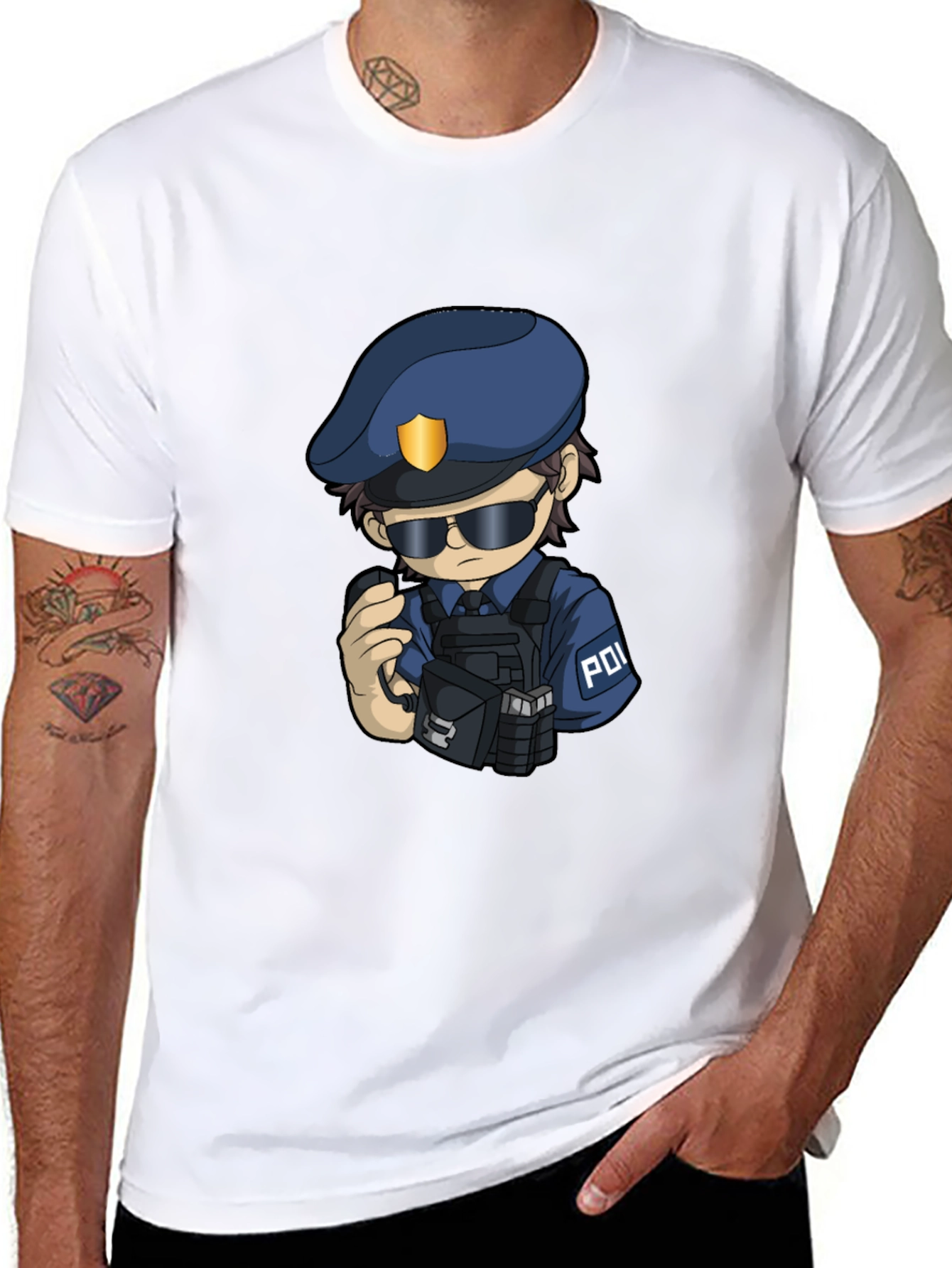 Police Cartoon Character Graphic Tee - Black