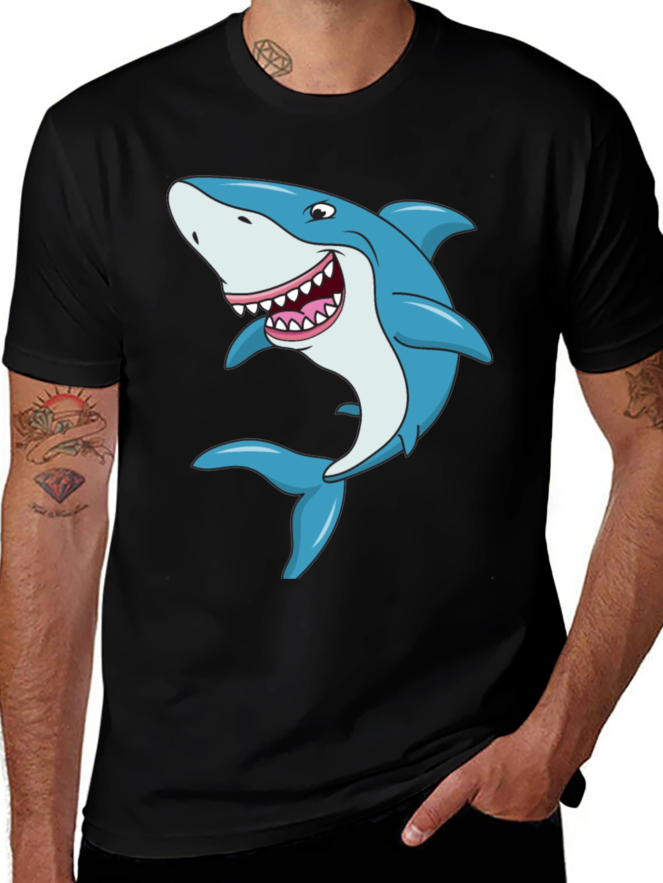 Cartoon Shark Graphic Tee - Black Cotton T-Shirt