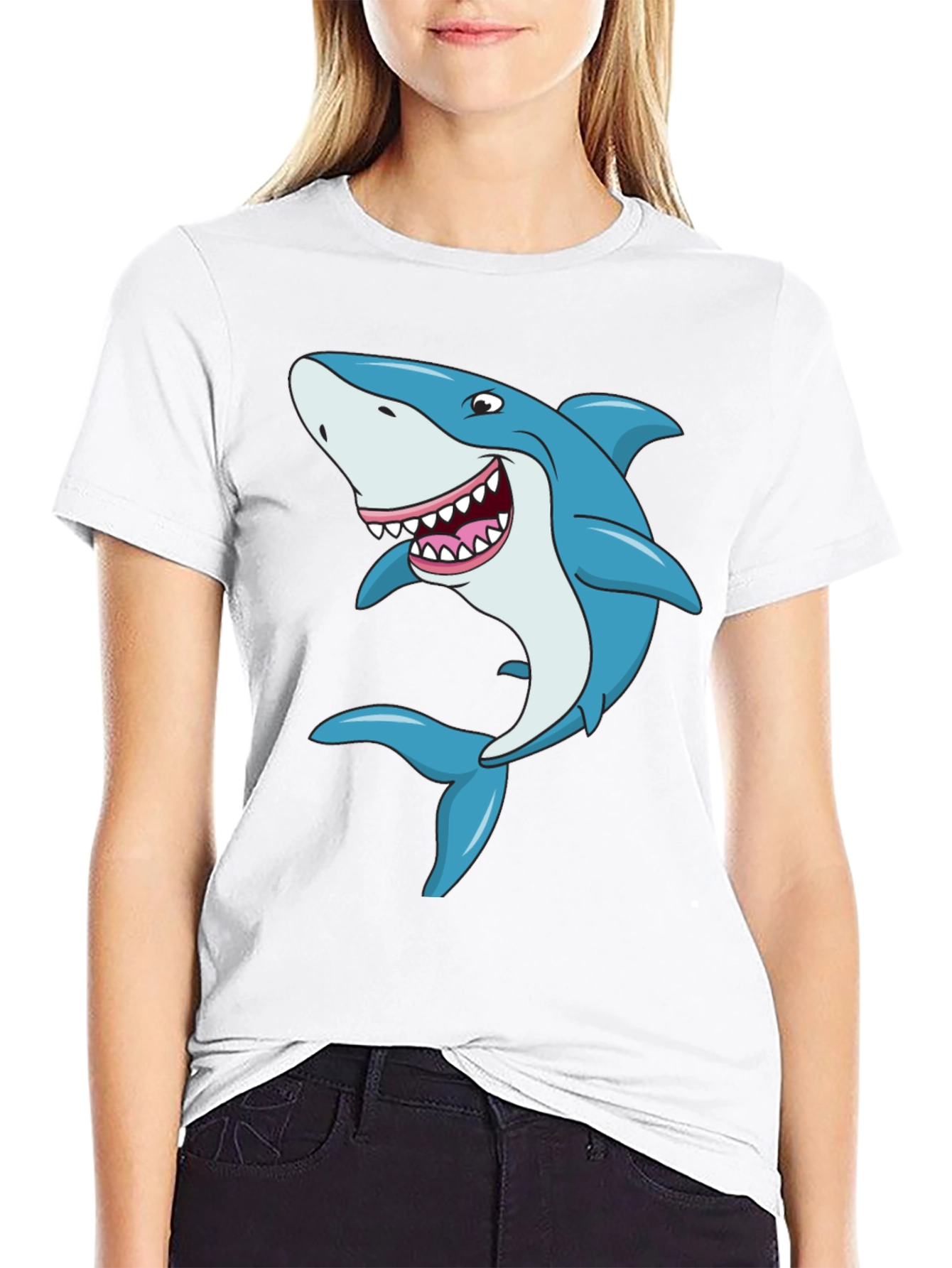 Cartoon Shark Graphic Tee - Black Cotton T-Shirt