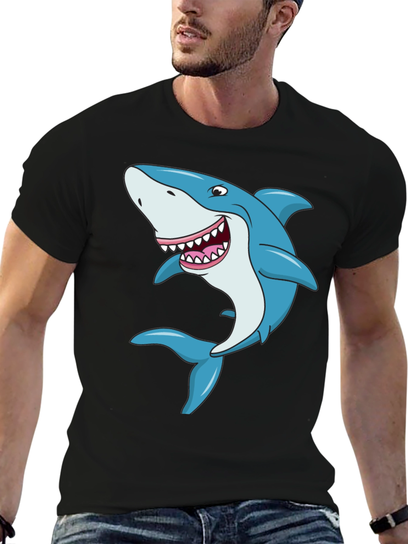Cartoon Shark Graphic Tee - Black Cotton T-Shirt