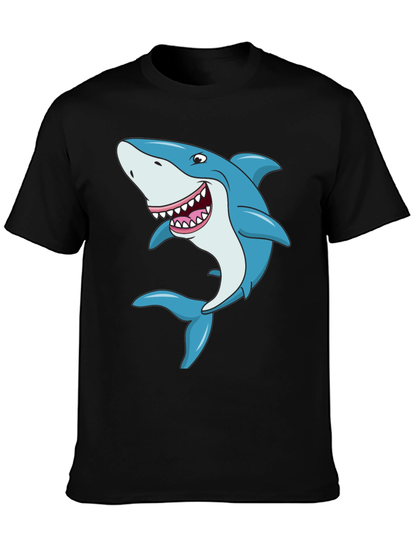 Cartoon Shark Graphic Tee - Black Cotton T-Shirt