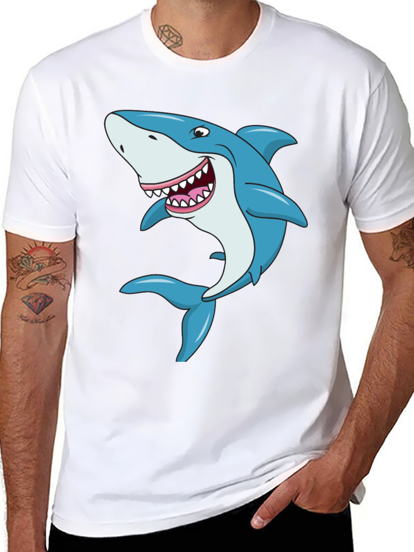 Cartoon Shark Graphic Tee - Black Cotton T-Shirt