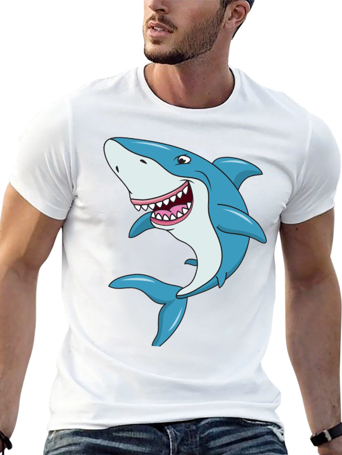 Cartoon Shark Graphic Tee - Black Cotton T-Shirt