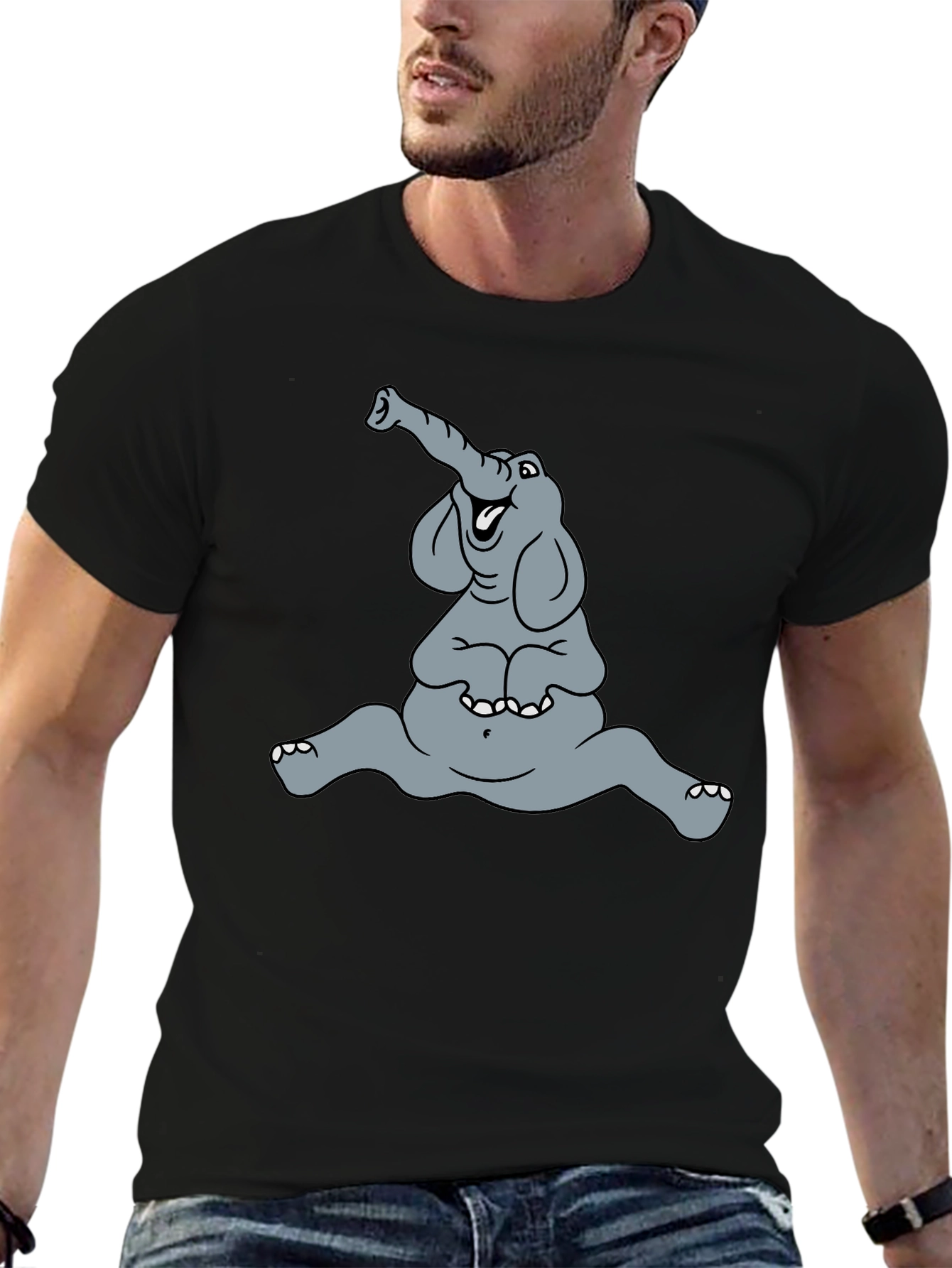 Funny Elephant Cartoon Graphic Tee - Black Casual T-Shirt