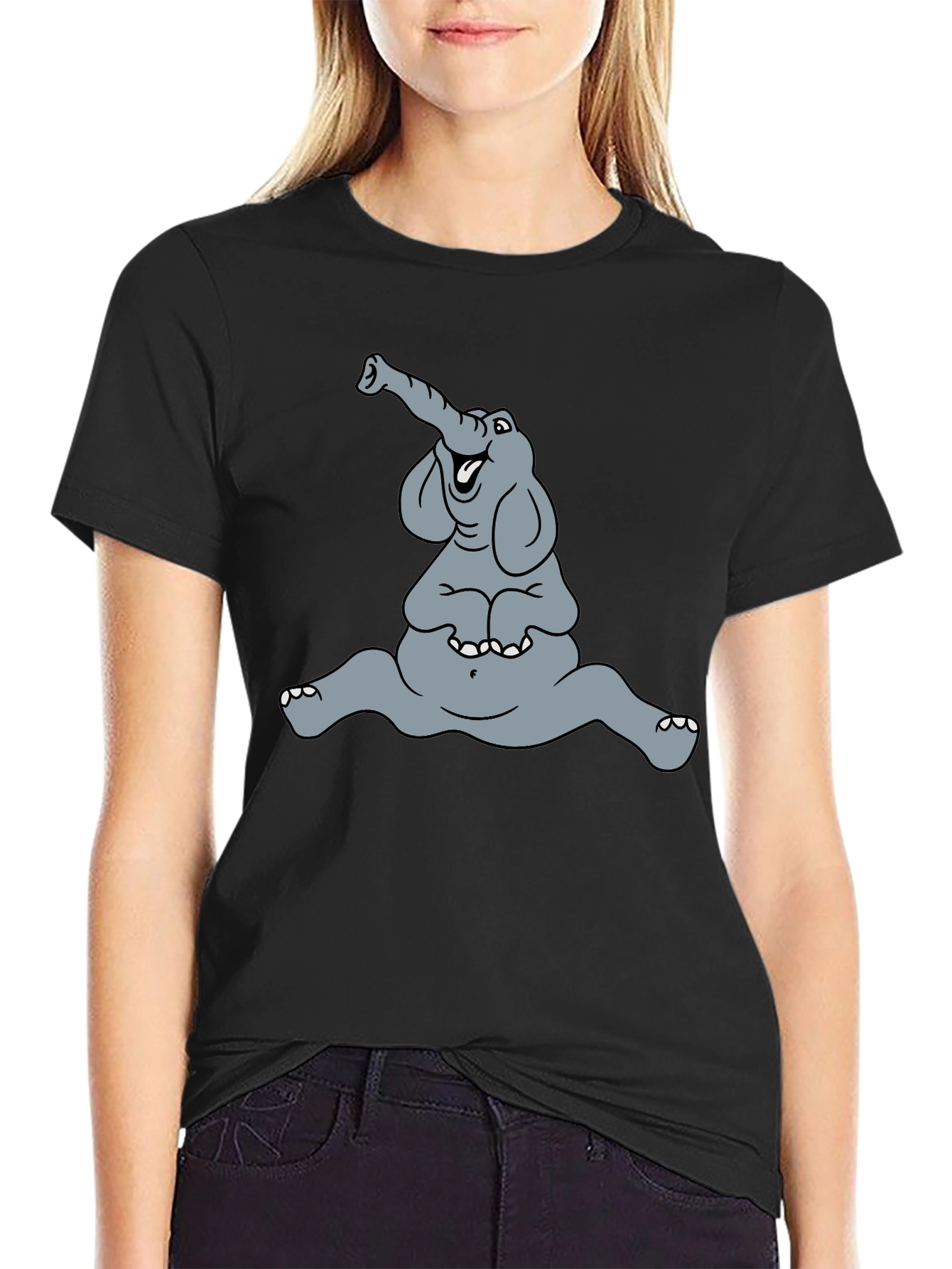 Funny Elephant Cartoon Graphic Tee - Black Casual T-Shirt