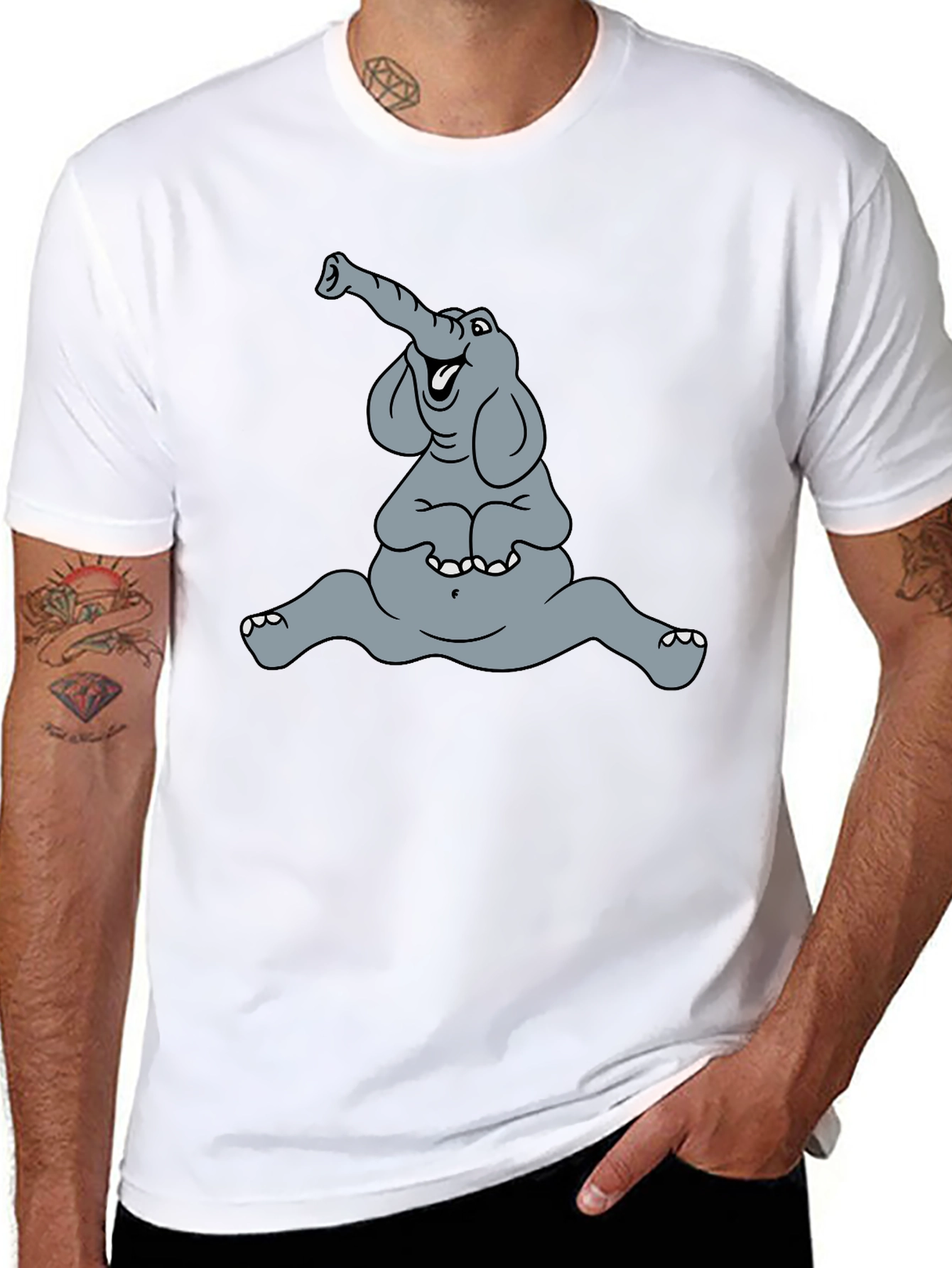 Funny Elephant Cartoon Graphic Tee - Black Casual T-Shirt