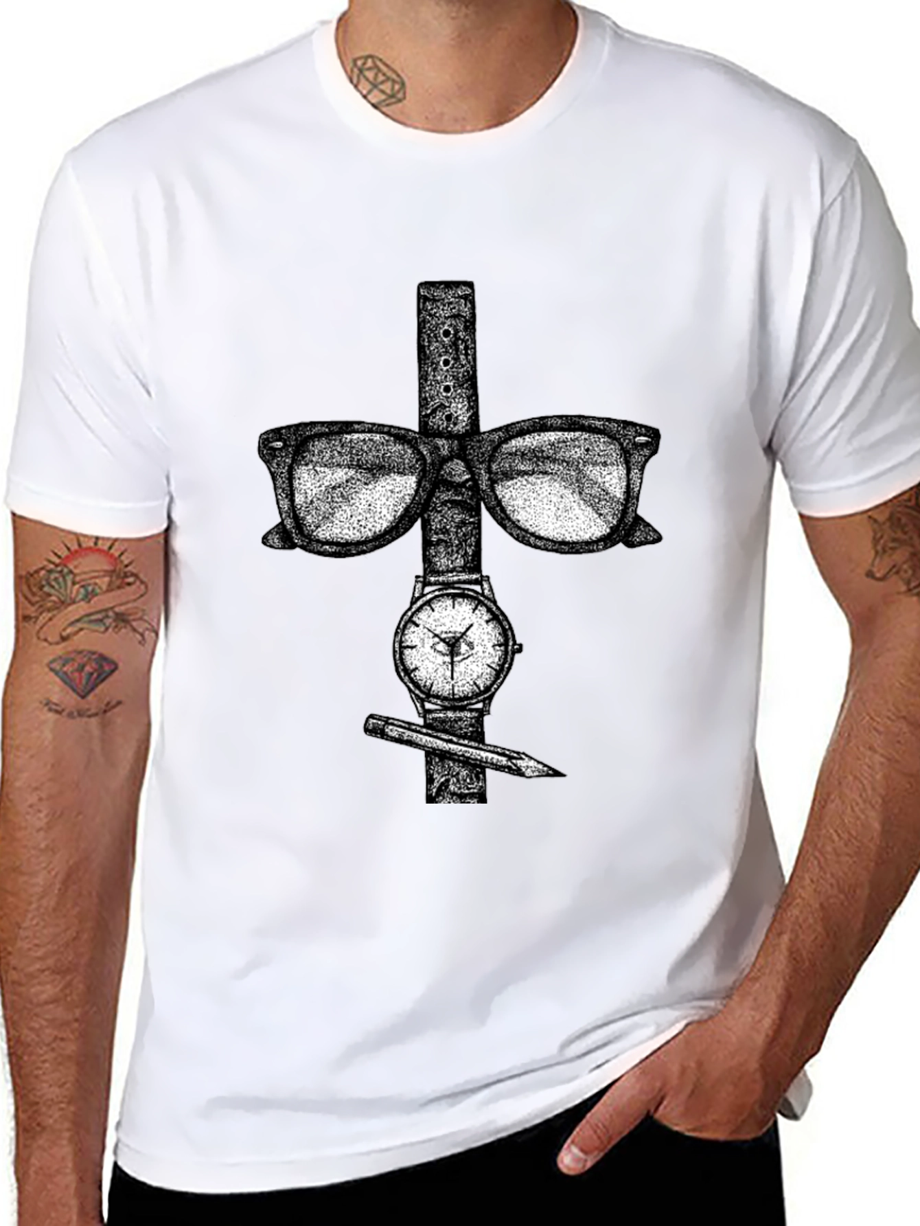 Nerdy Style Tee - Glasses Watch and Pencil Design