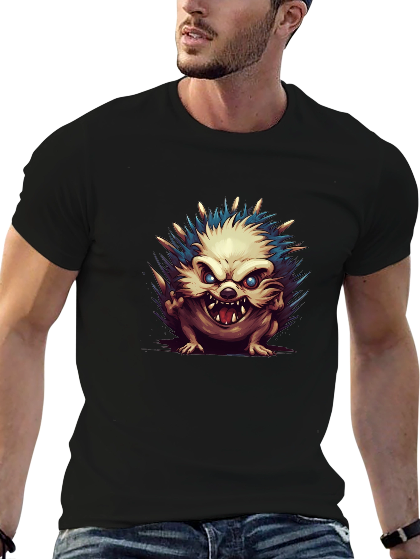 Mens Black T-Shirt with Hedgehog Graphic