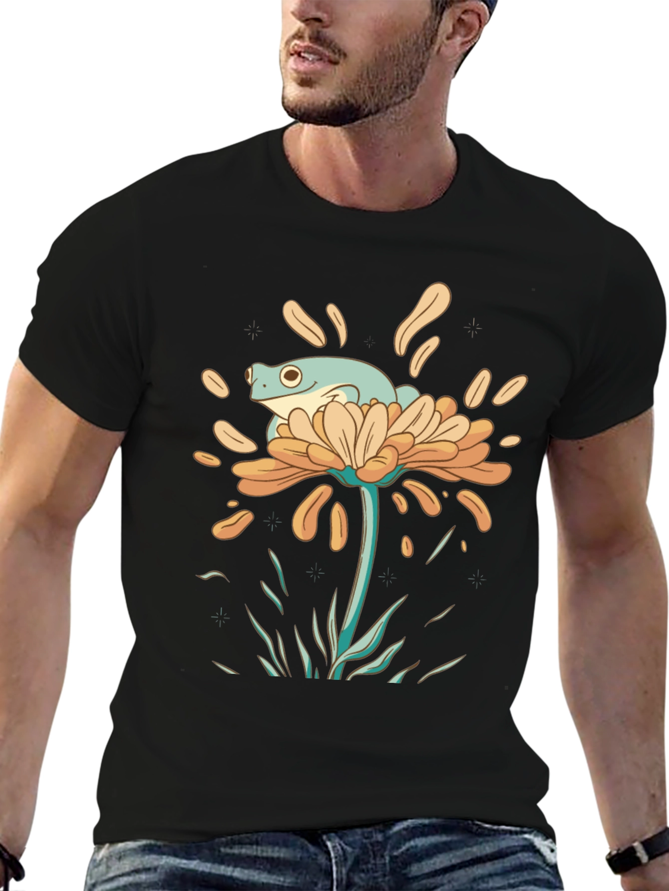 Frog on Flower Graphic Tee - Black Cotton T-Shirt