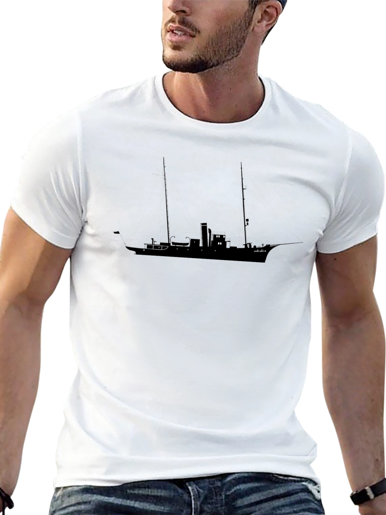 Black T-Shirt with Ship Silhouette Graphic
