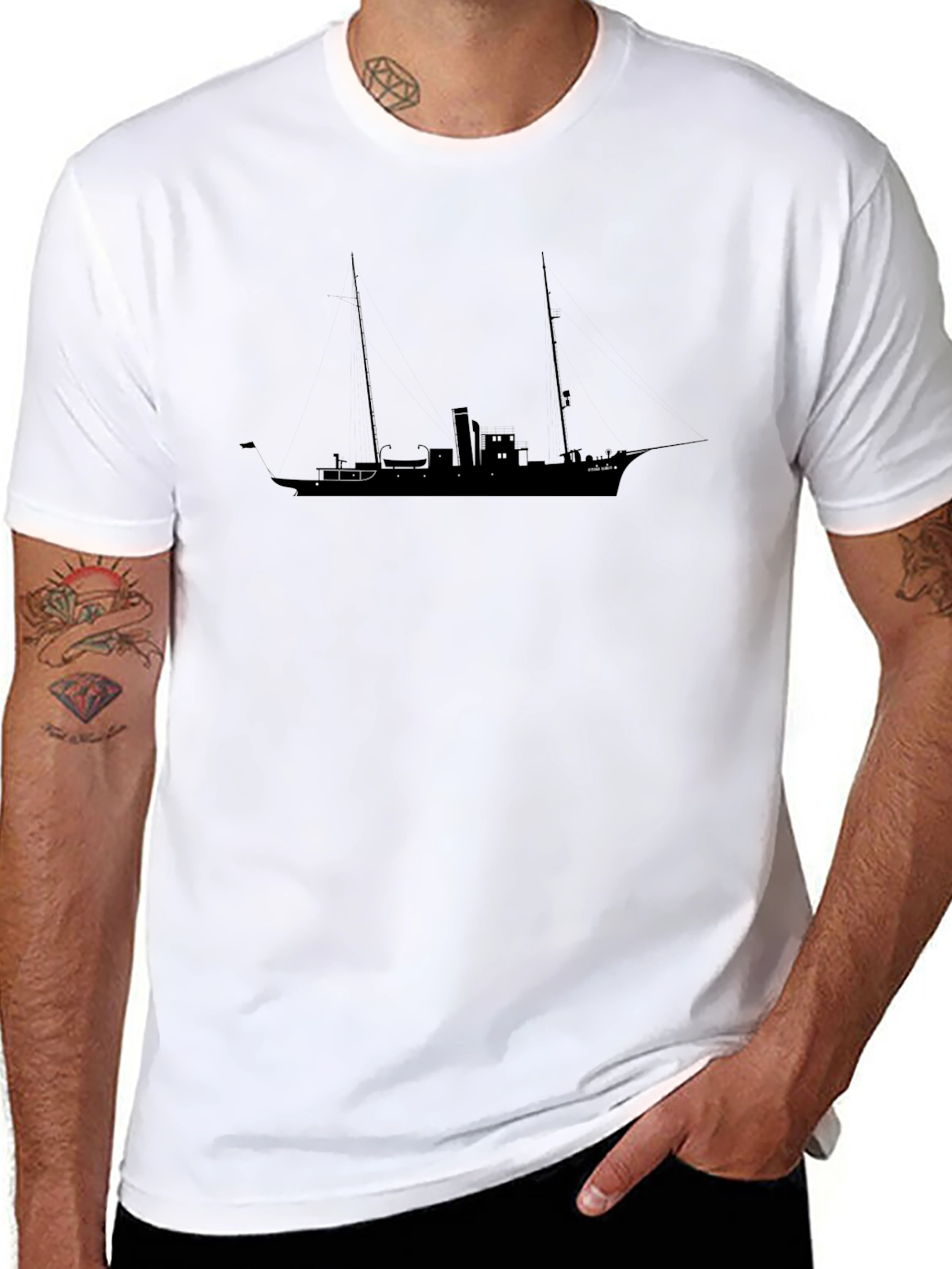 Black T-Shirt with Ship Silhouette Graphic