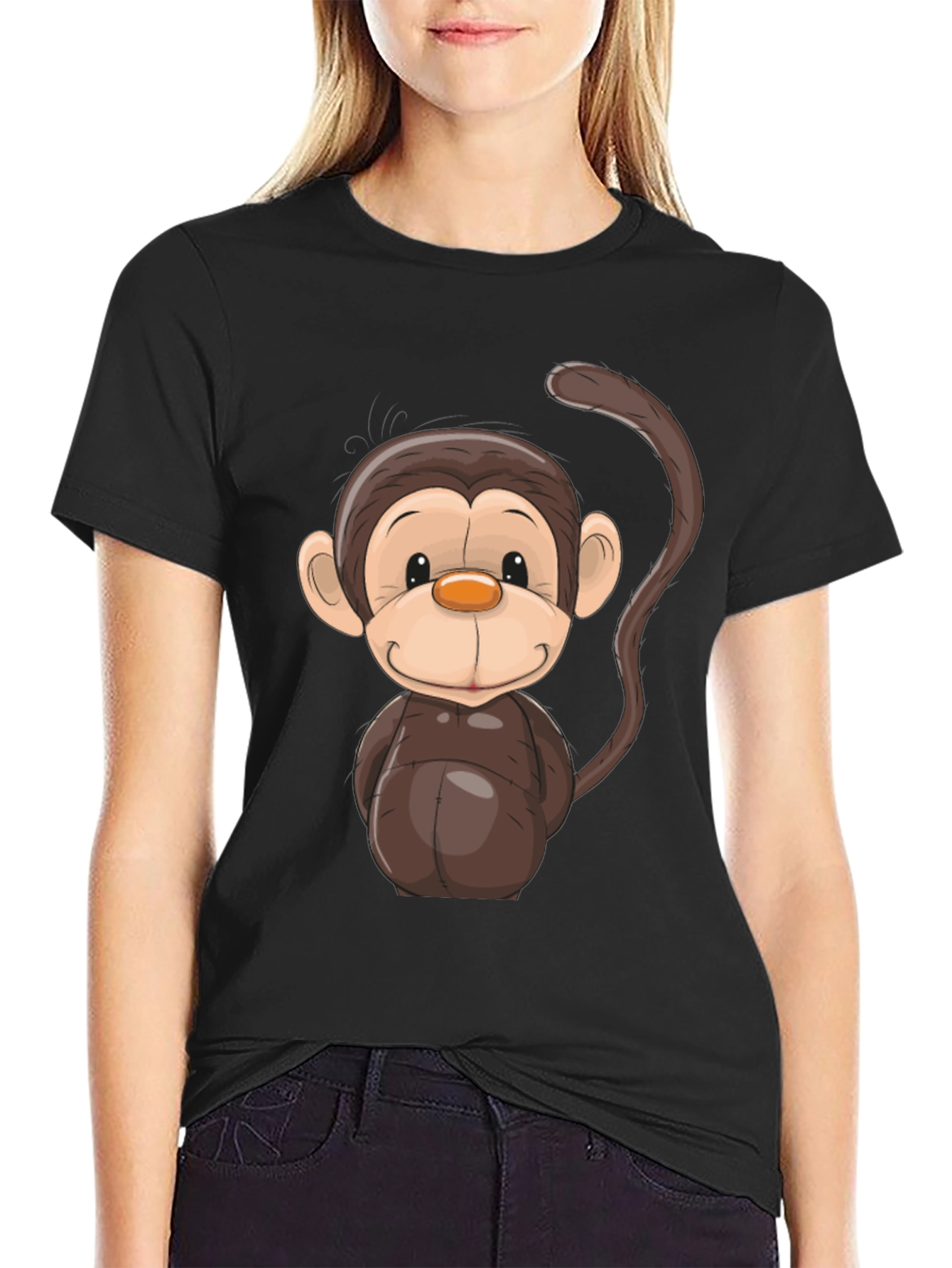 Cartoon Monkey Graphic Tee - Black