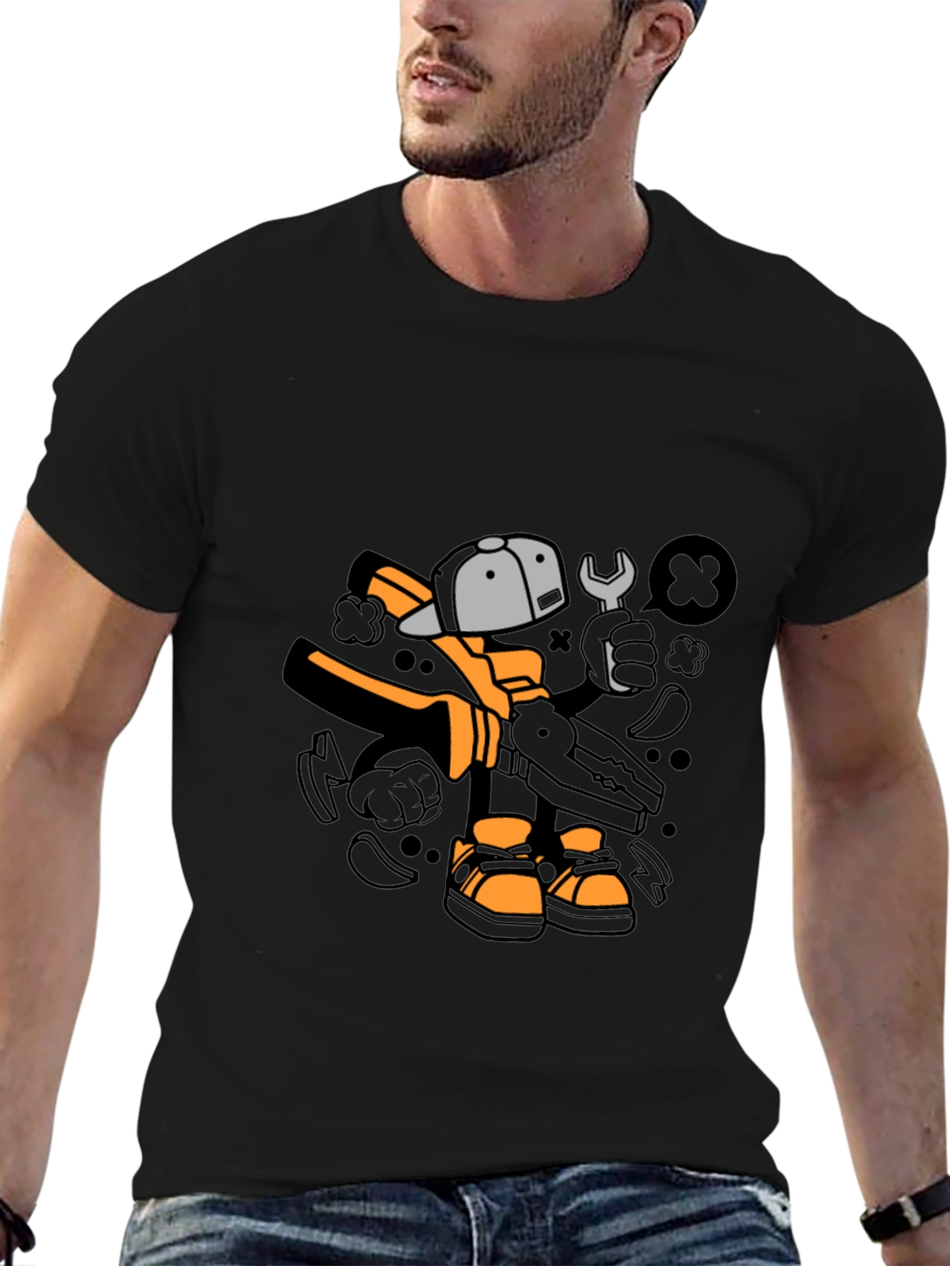 Cool Graphic T-Shirt with Cartoon Mechanic Print