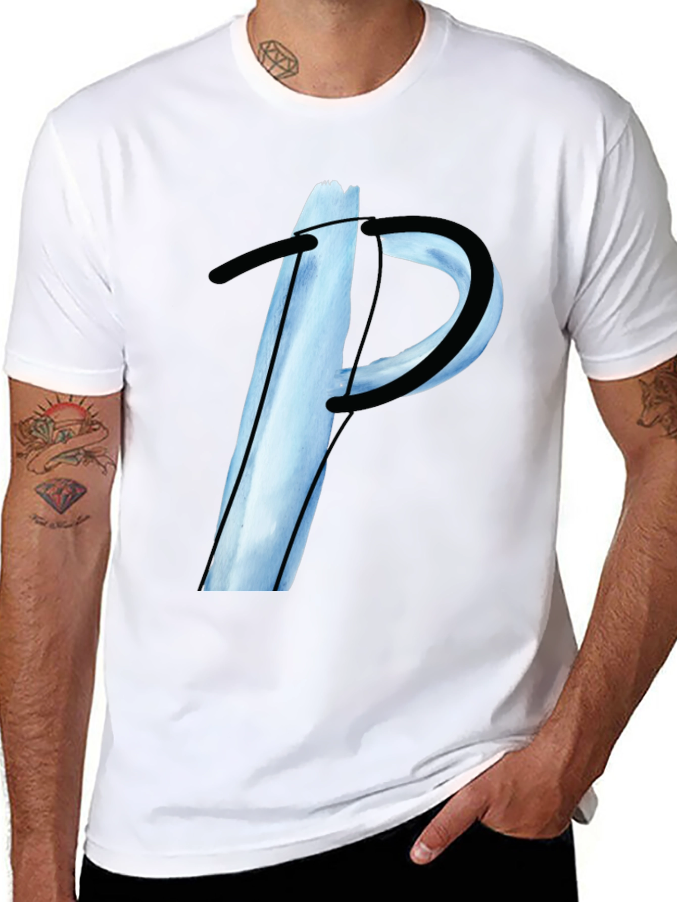 Abstract Letter P Graphic Tee - Black Casual T-Shirt