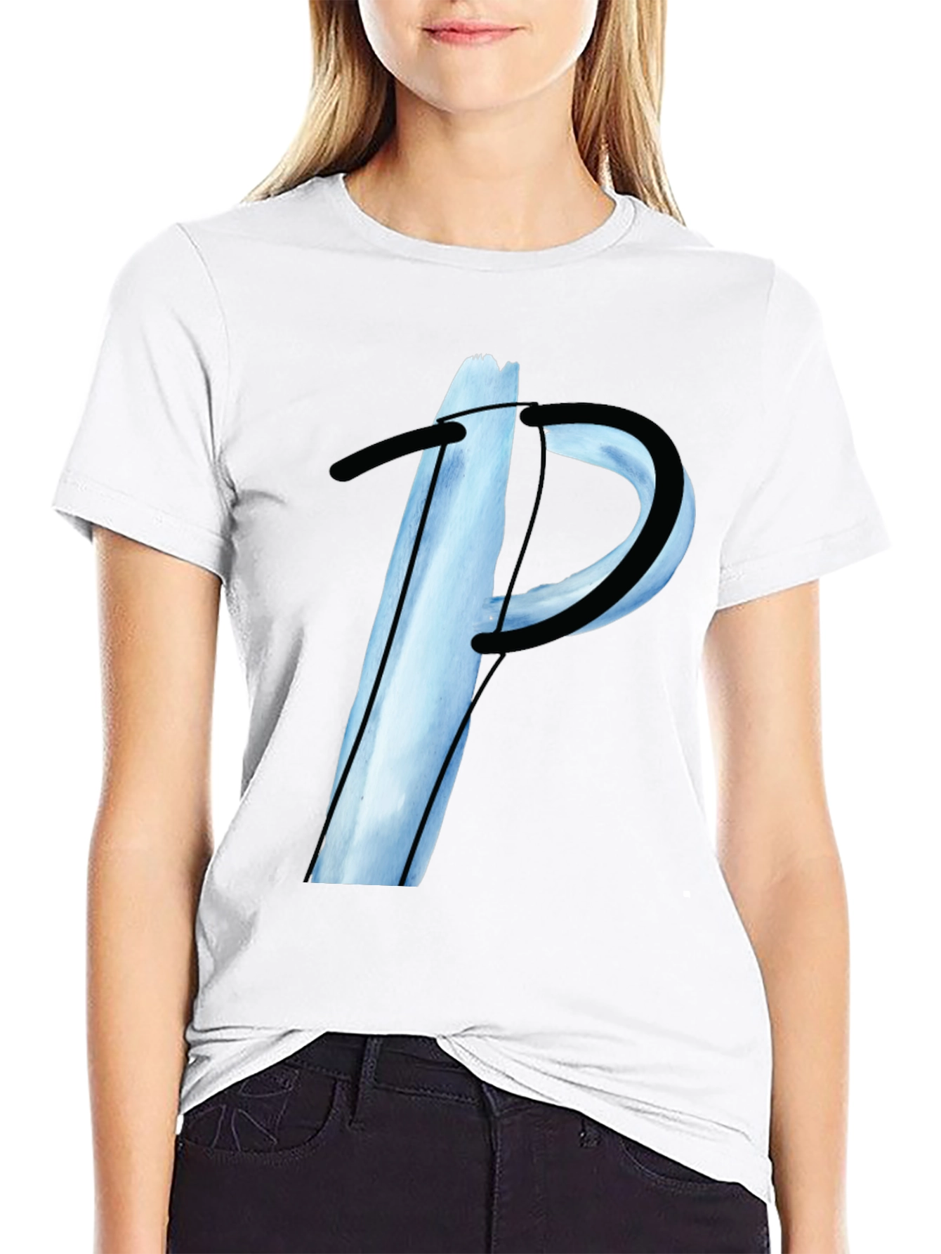 Abstract Letter P Graphic Tee - Black Casual T-Shirt