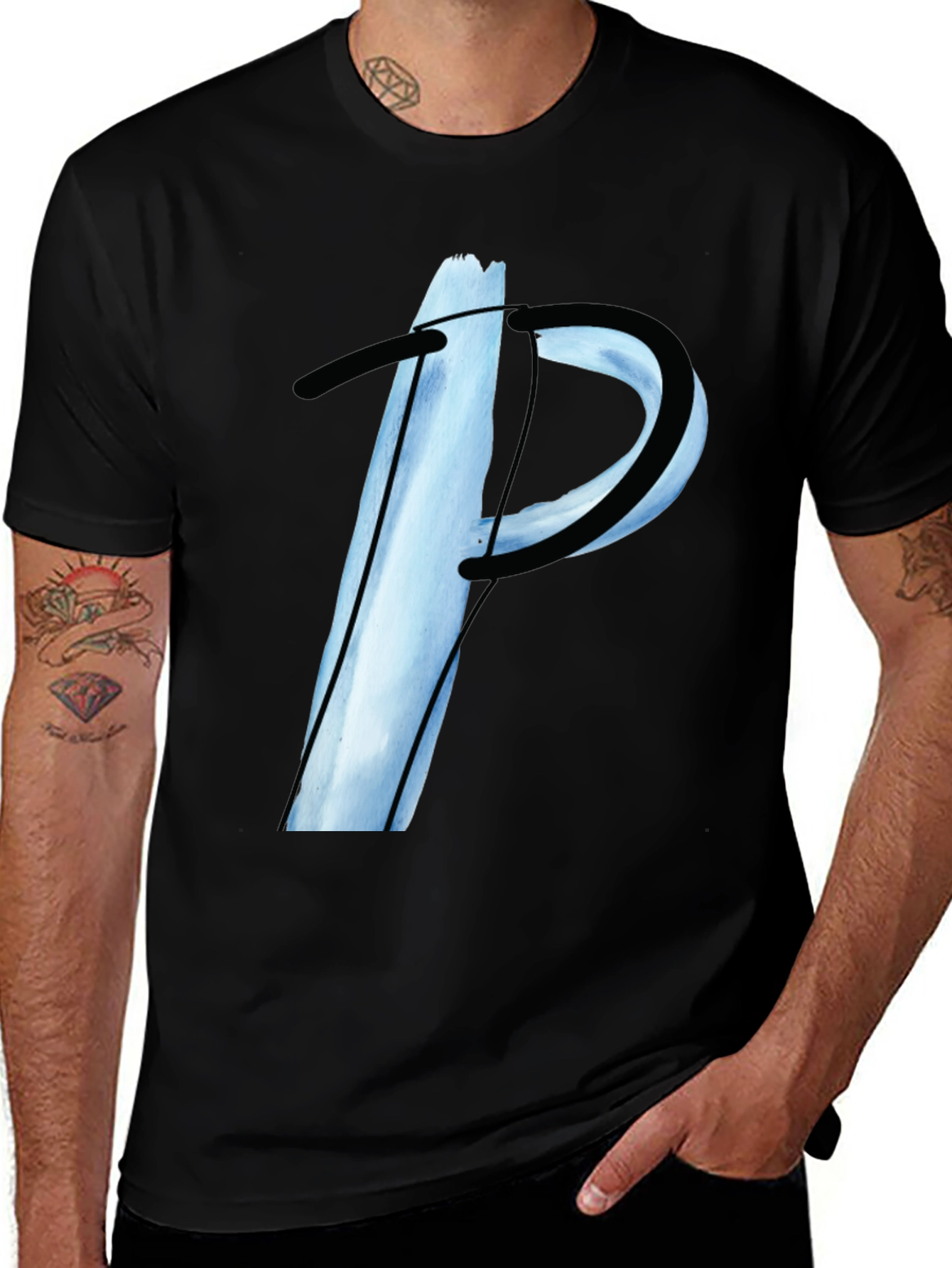 Abstract Letter P Graphic Tee - Black Casual T-Shirt